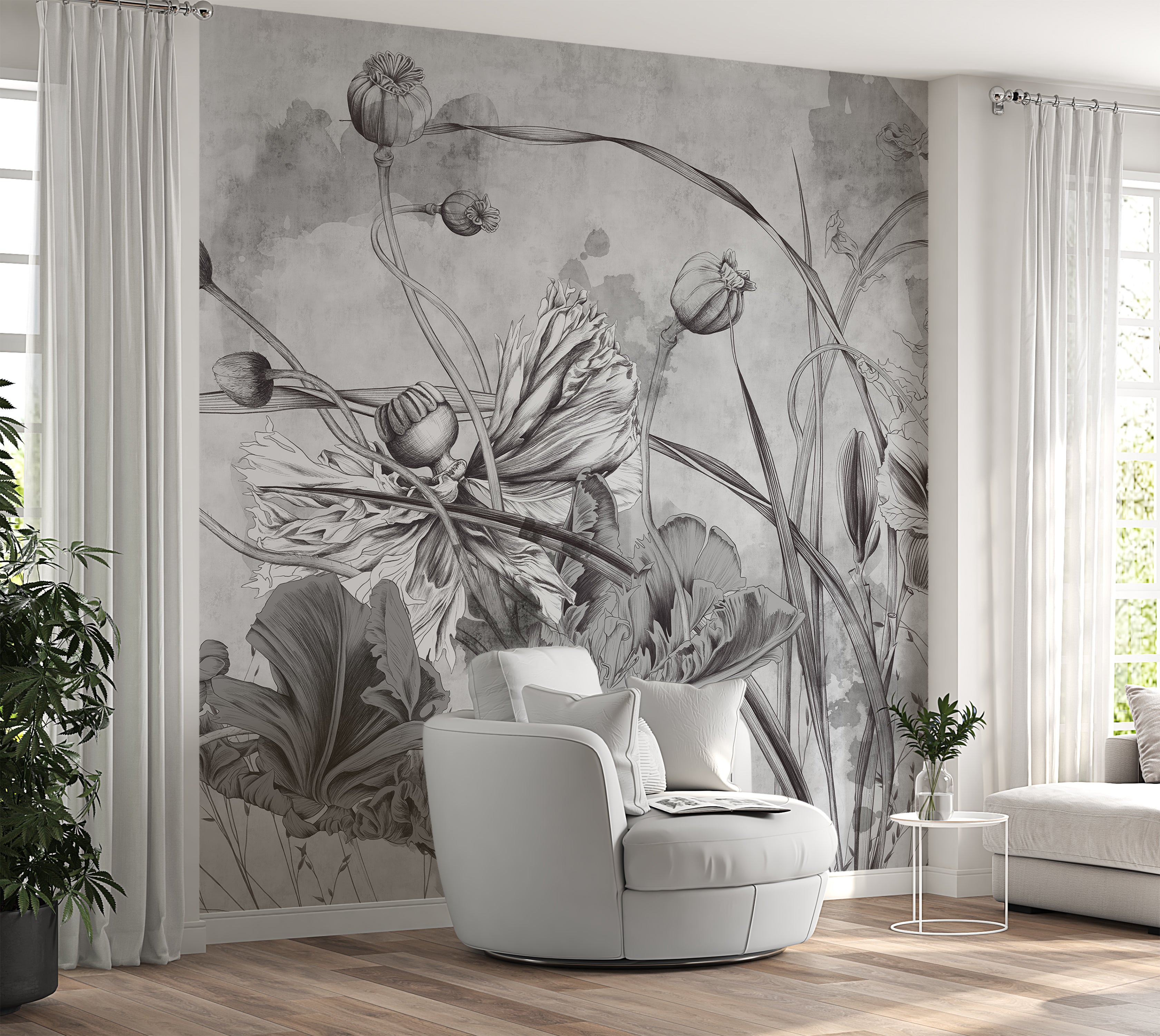 Premium Wallpaper Wall Mural - Grey Flower Symphony