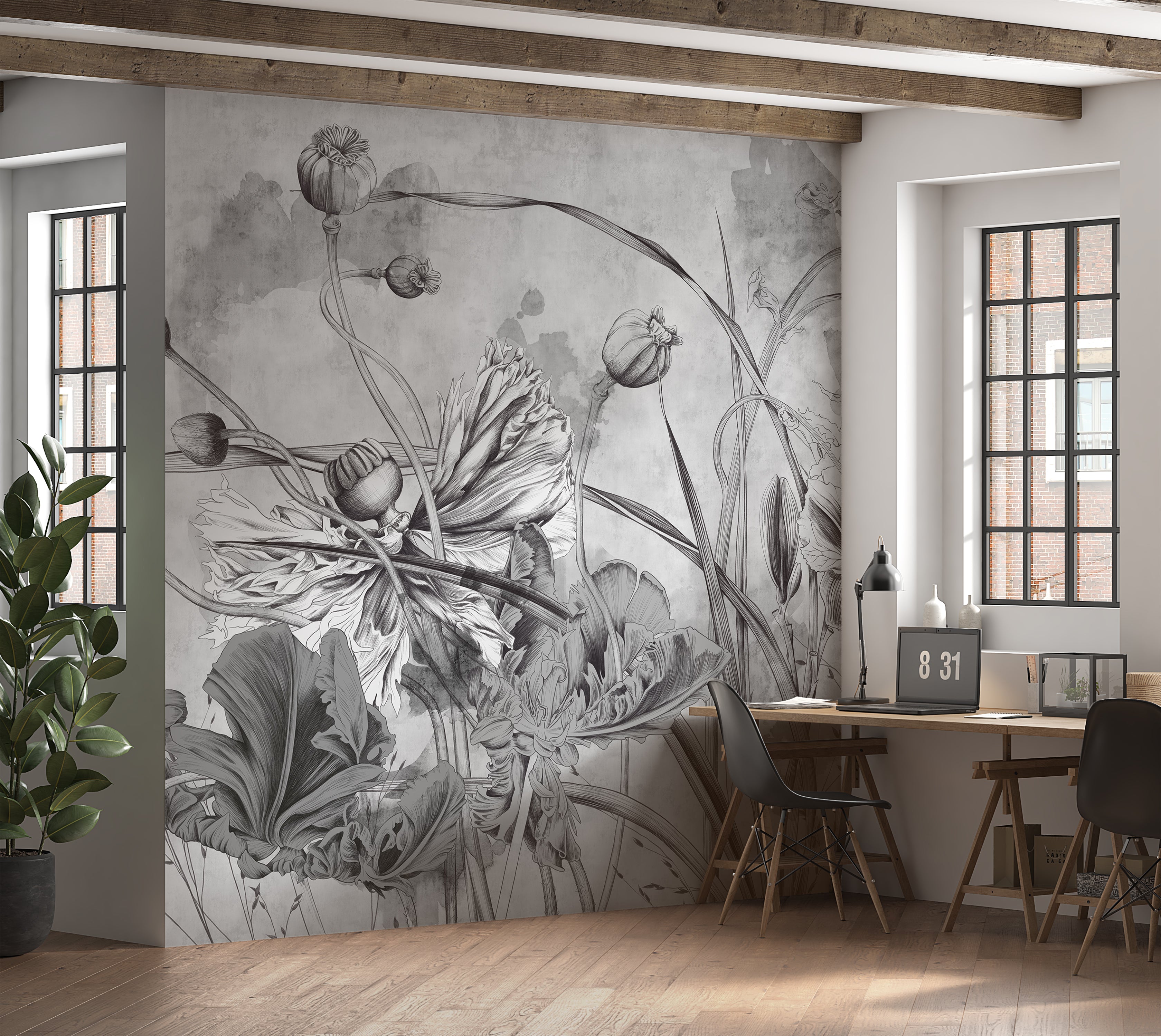 Premium Wallpaper Wall Mural - Grey Flower Symphony
