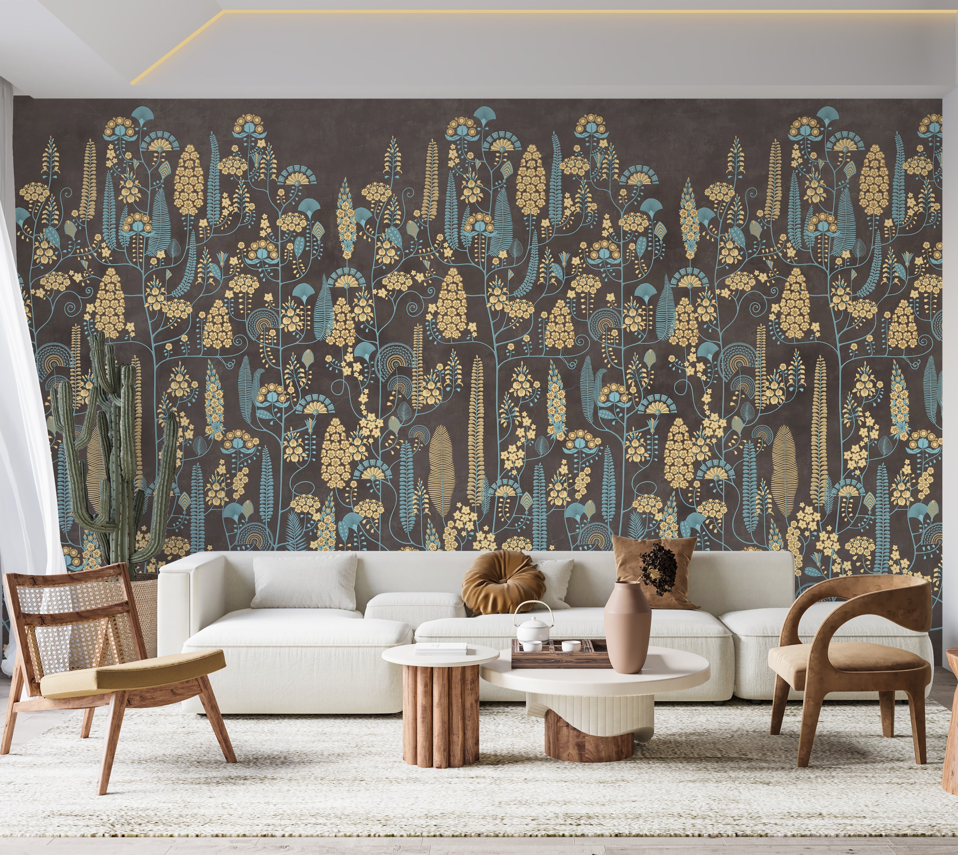 Premium Wallpaper Wall Mural - Warm Mocha Botanical Lines