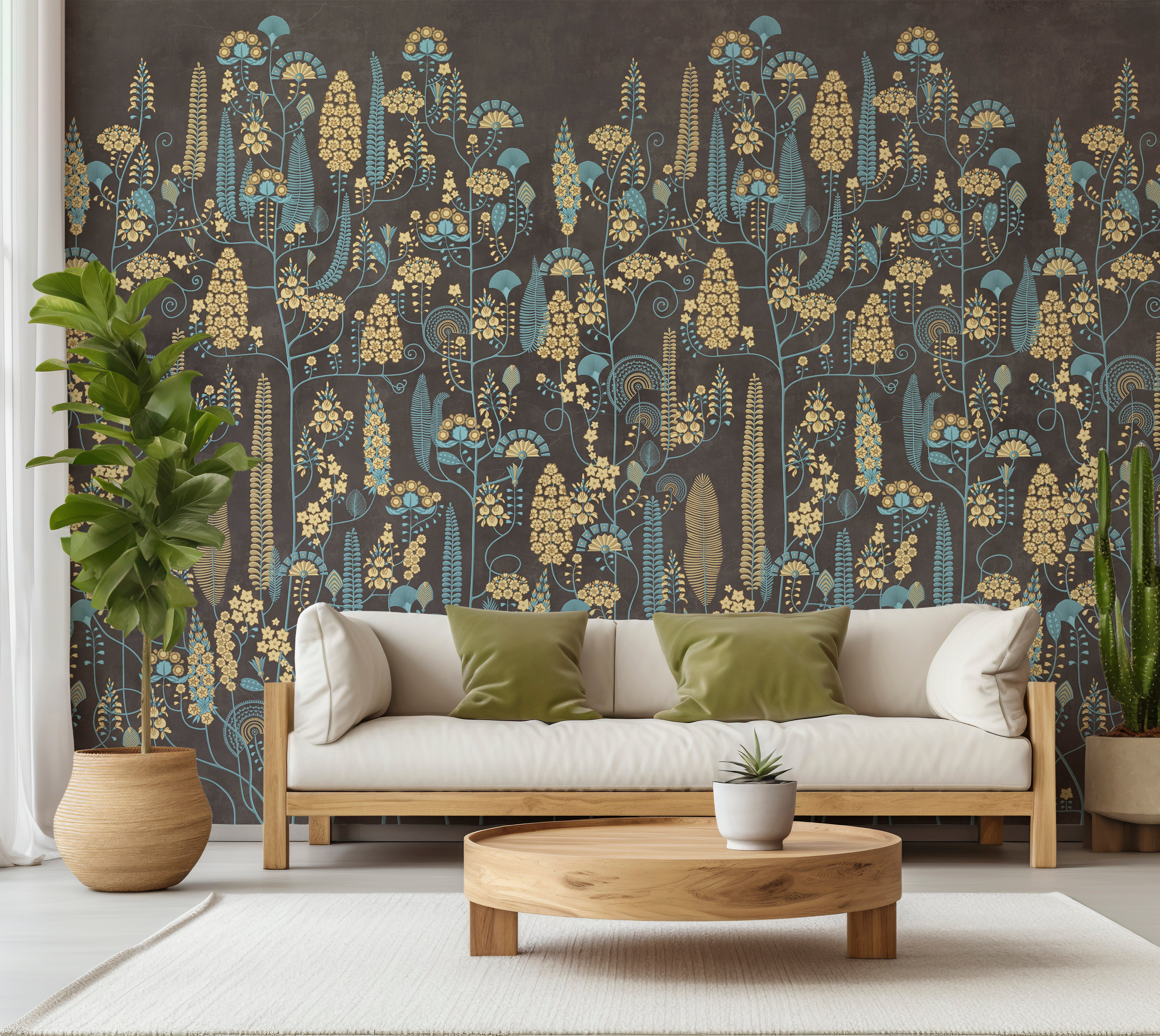 Premium Wallpaper Wall Mural - Warm Mocha Botanical Lines