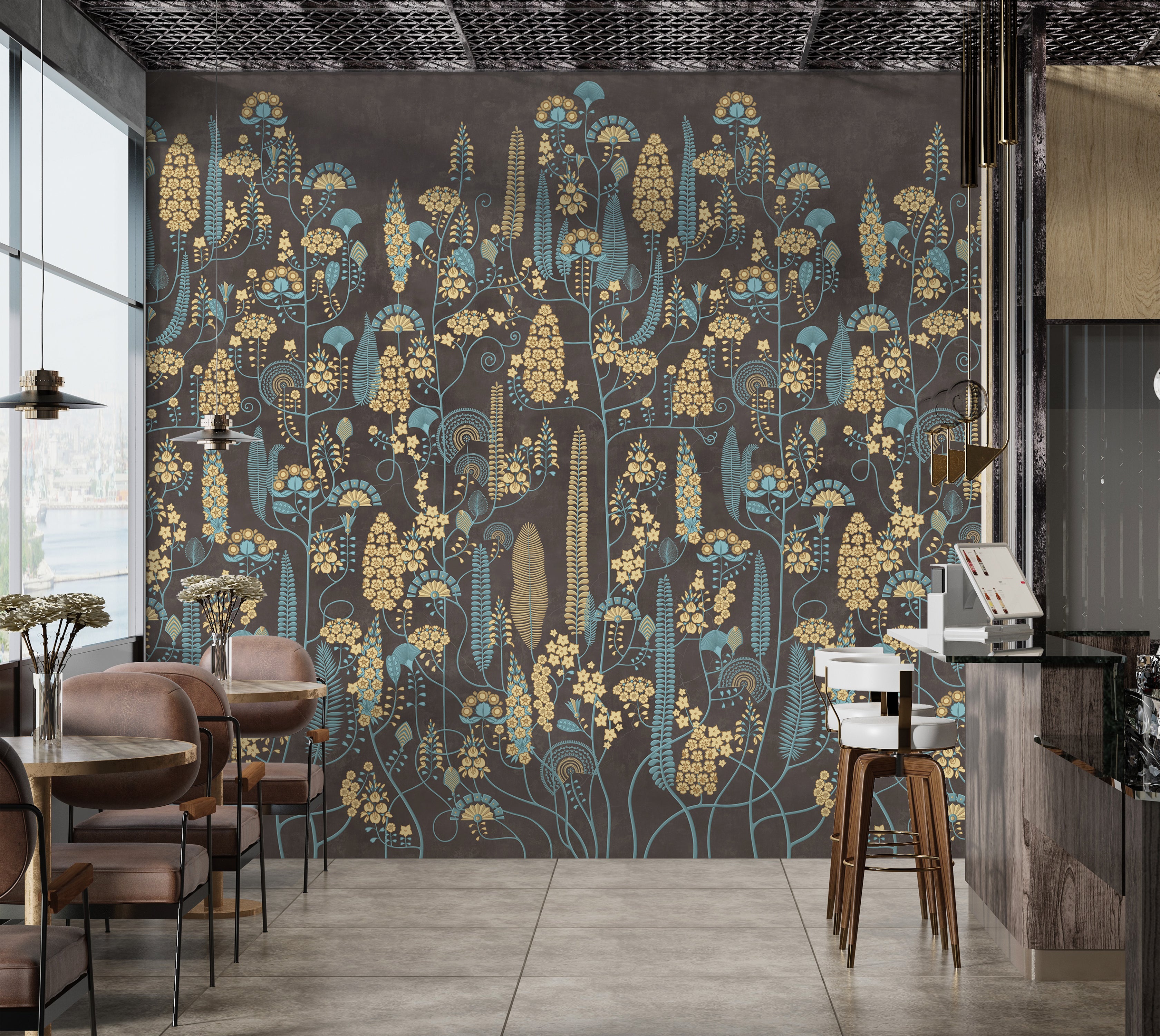 Premium Wallpaper Wall Mural - Warm Mocha Botanical Lines