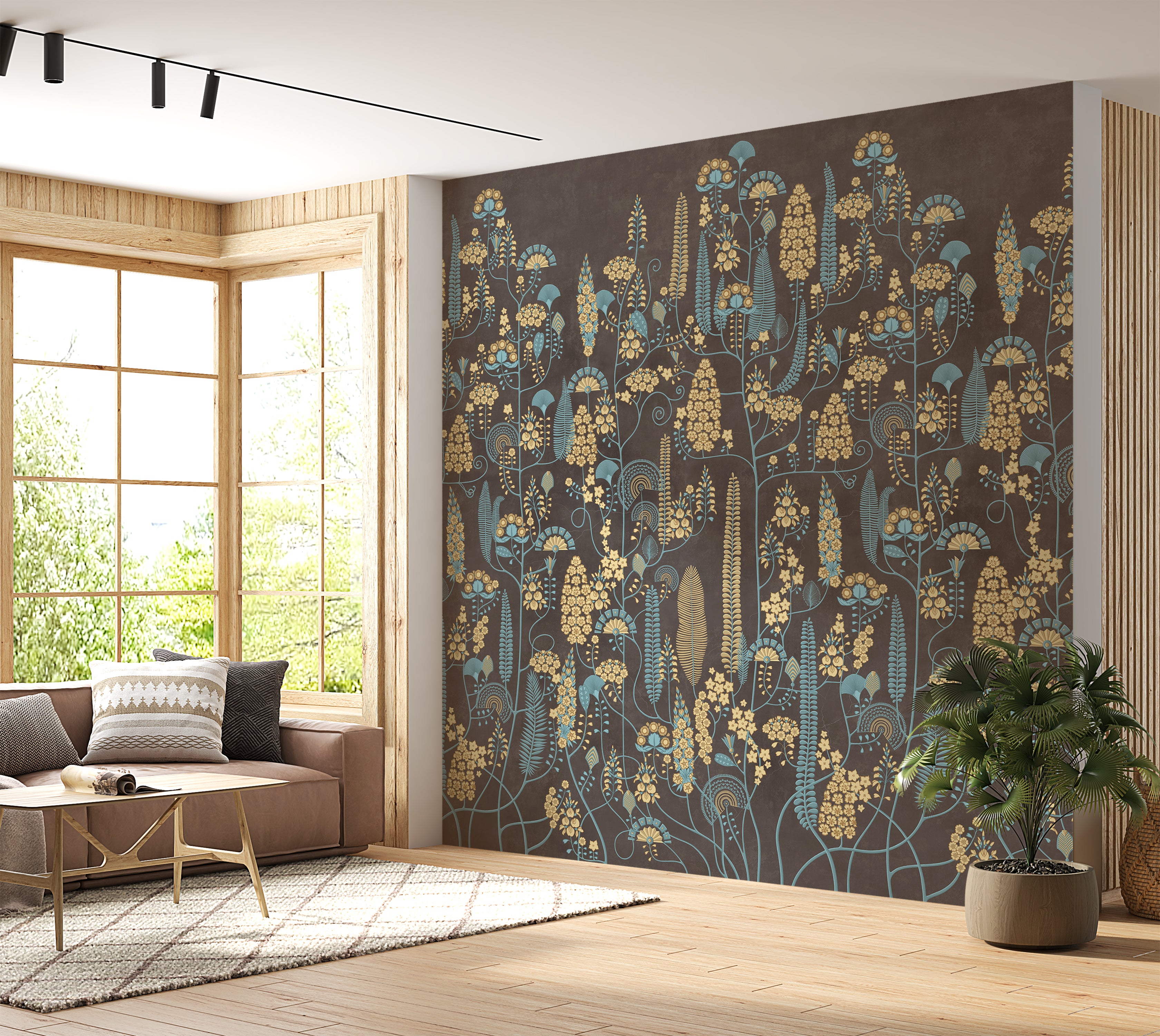Premium Wallpaper Wall Mural - Warm Mocha Botanical Lines