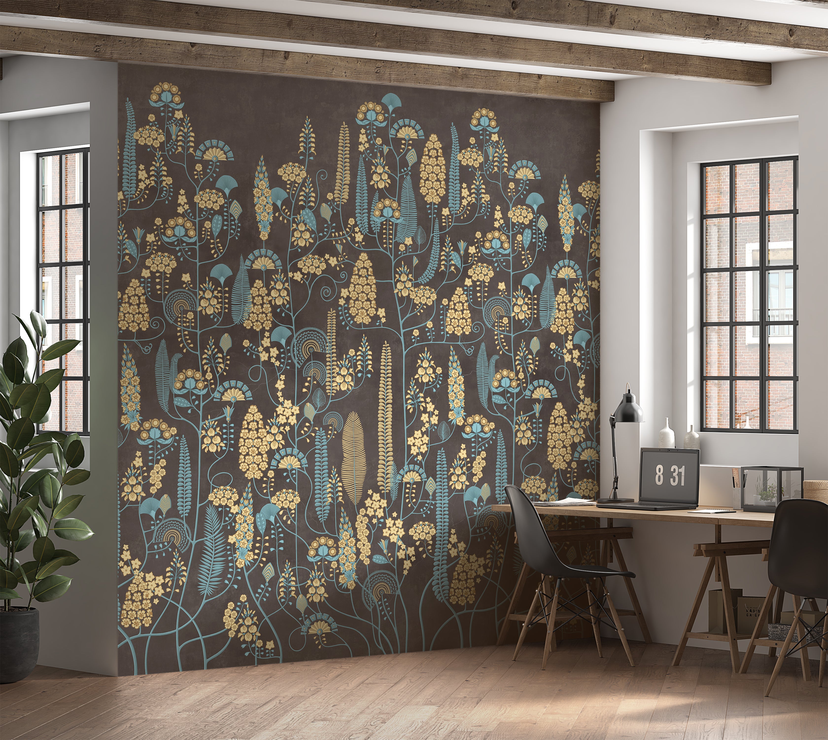Premium Wallpaper Wall Mural - Warm Mocha Botanical Lines