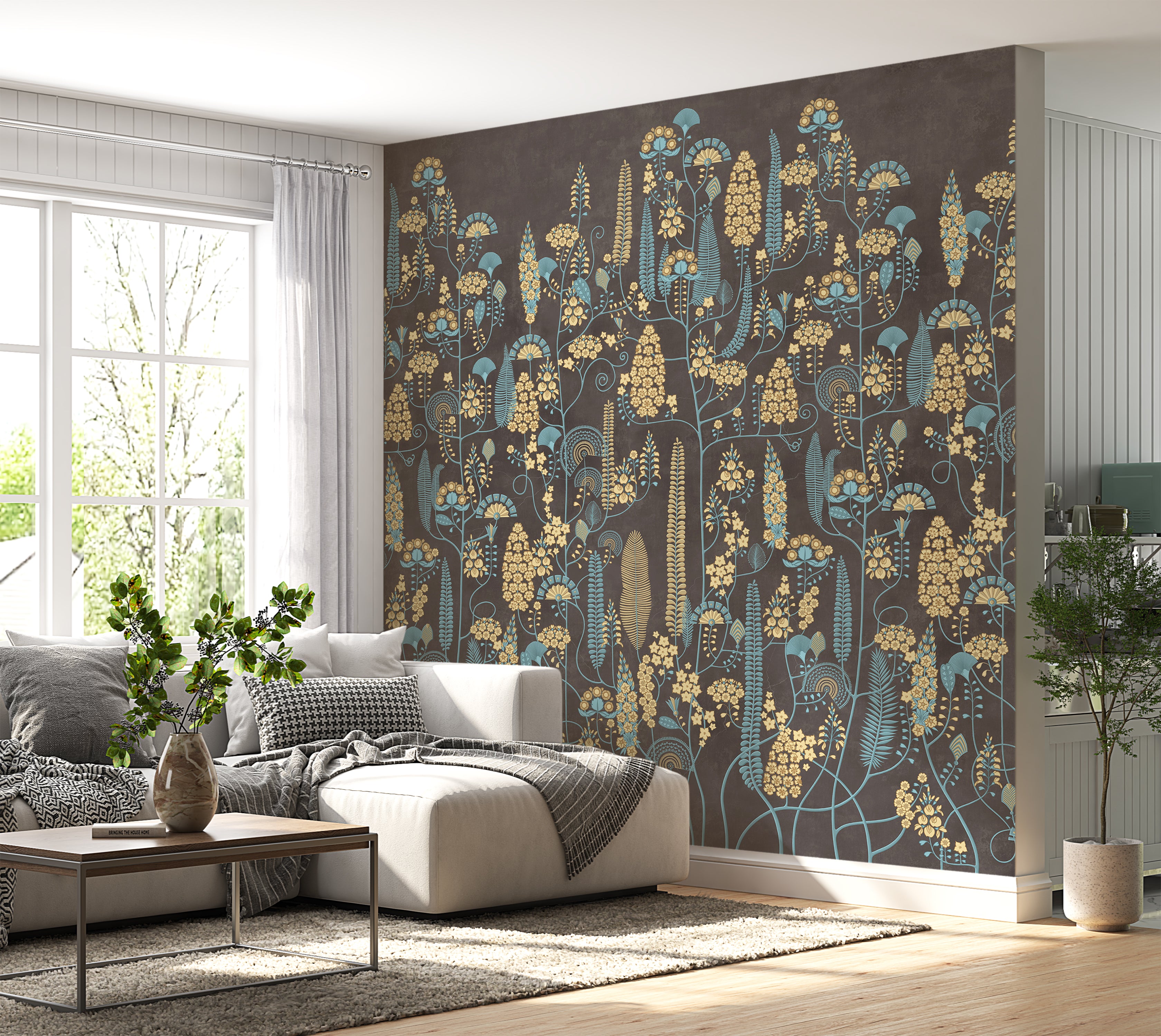 Premium Wallpaper Wall Mural - Warm Mocha Botanical Lines