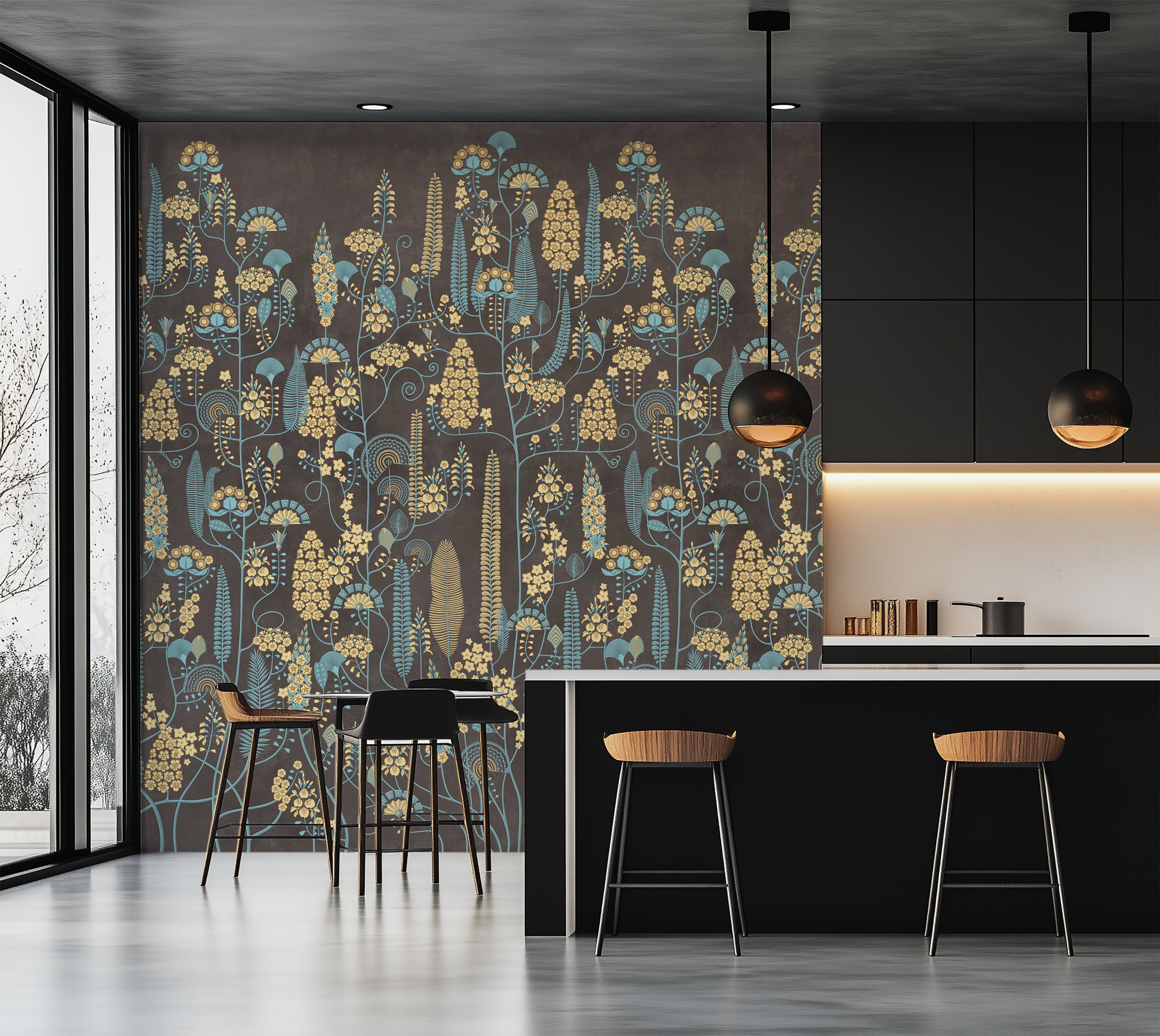 Premium Wallpaper Wall Mural - Warm Mocha Botanical Lines