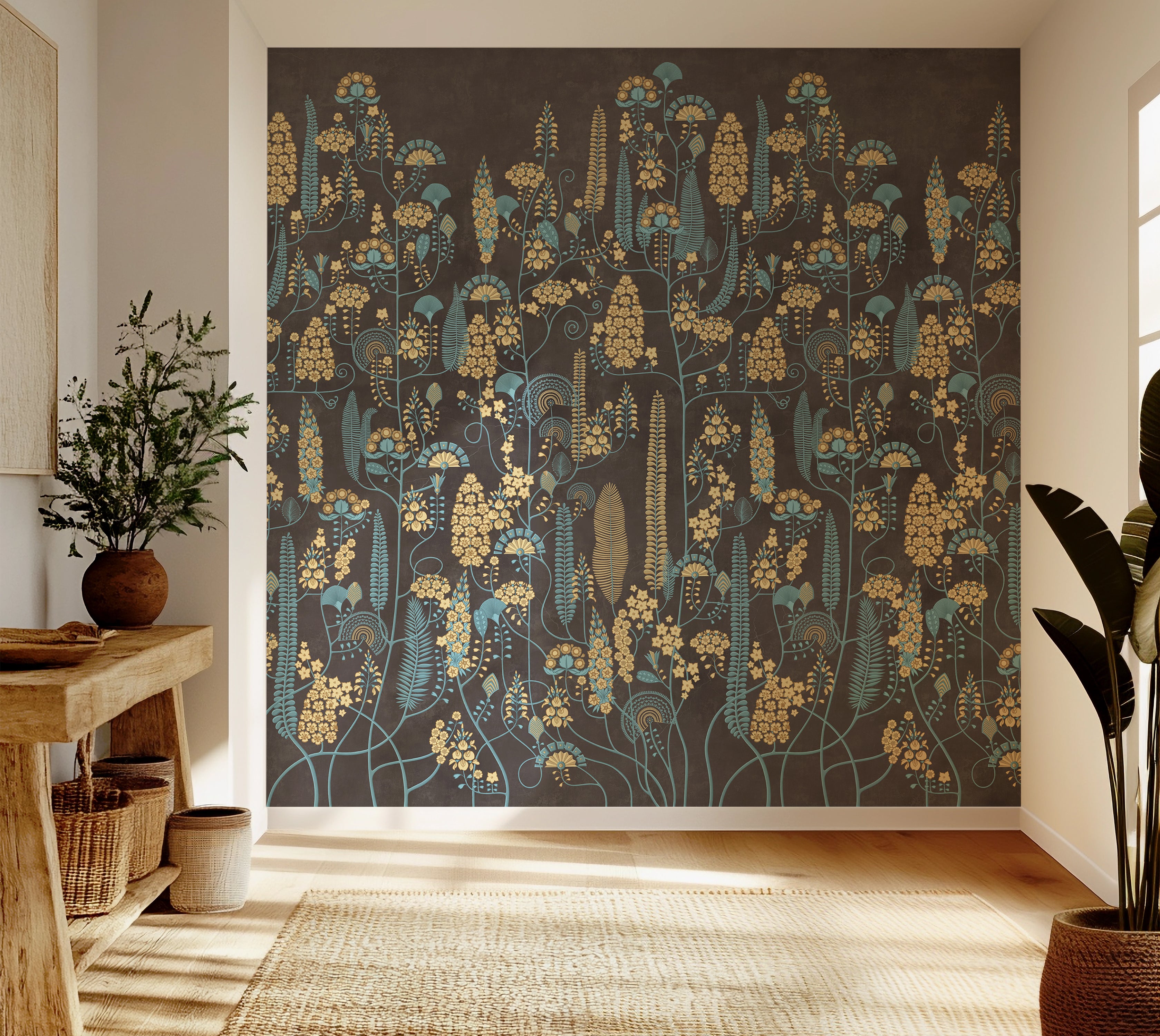 Premium Wallpaper Wall Mural - Warm Mocha Botanical Lines