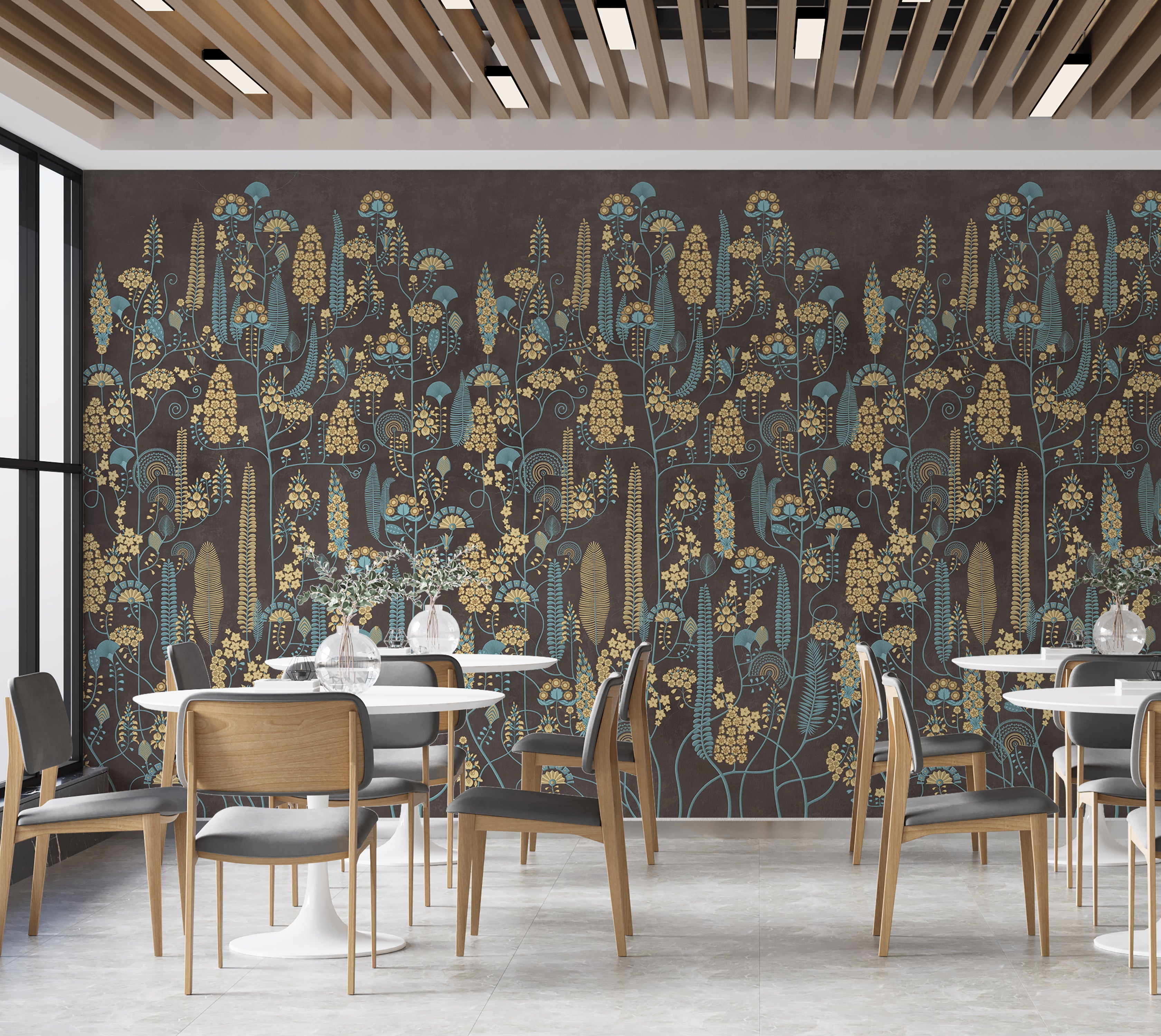 Premium Wallpaper Wall Mural - Warm Mocha Botanical Lines