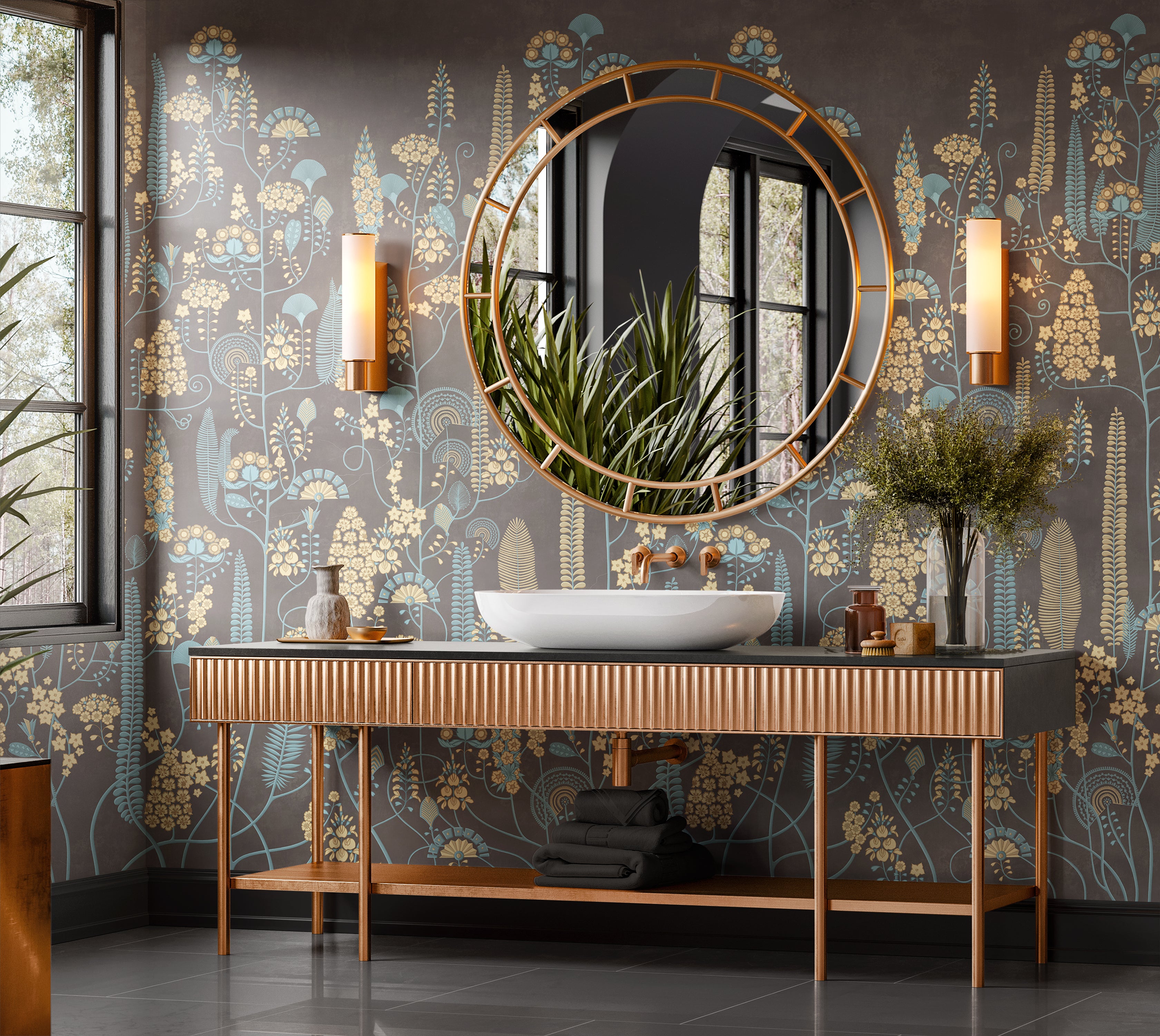 Premium Wallpaper Wall Mural - Warm Mocha Botanical Lines