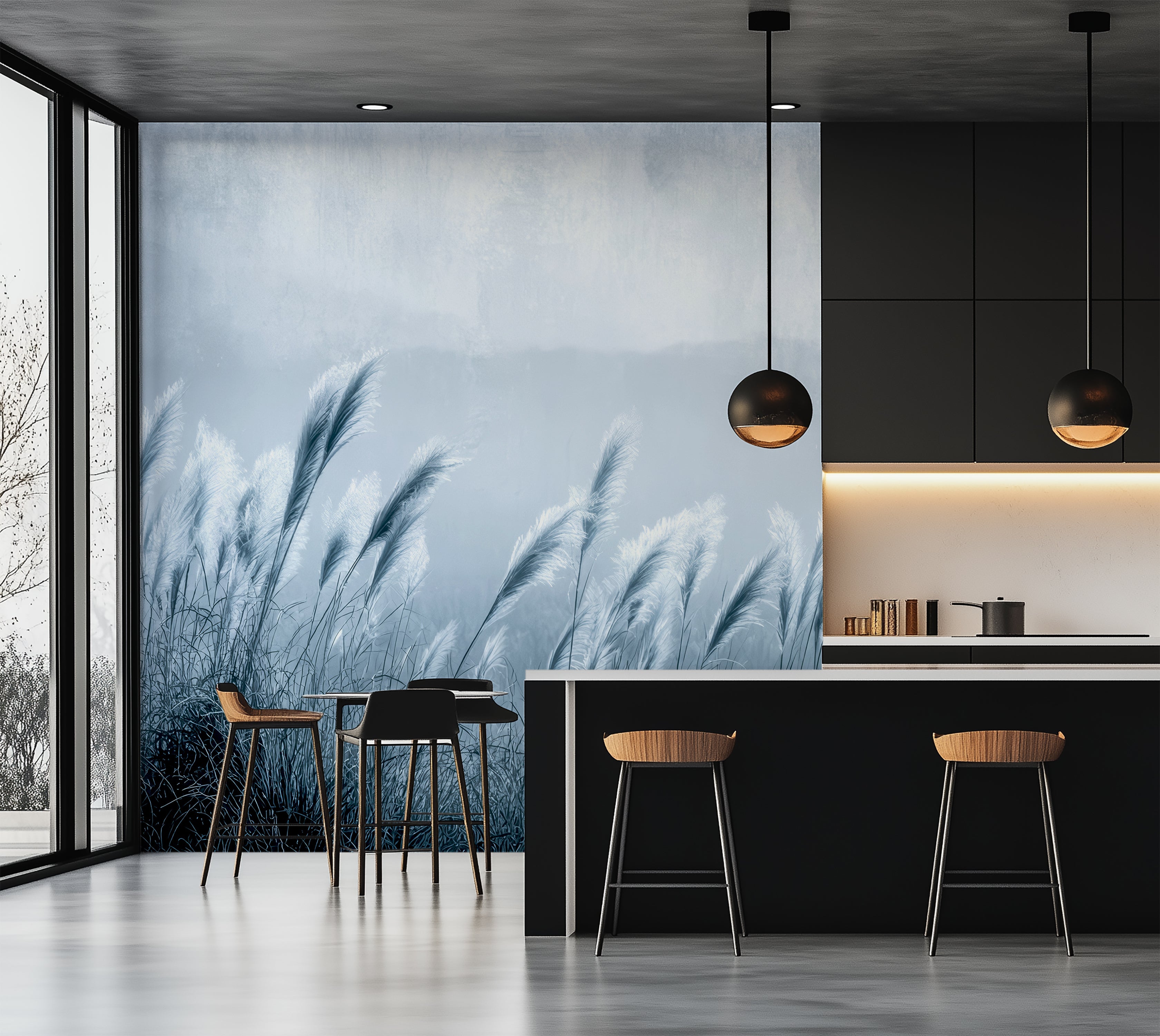 Premium Wallpaper Wall Mural - Minimalist Blue Gray Pampas
