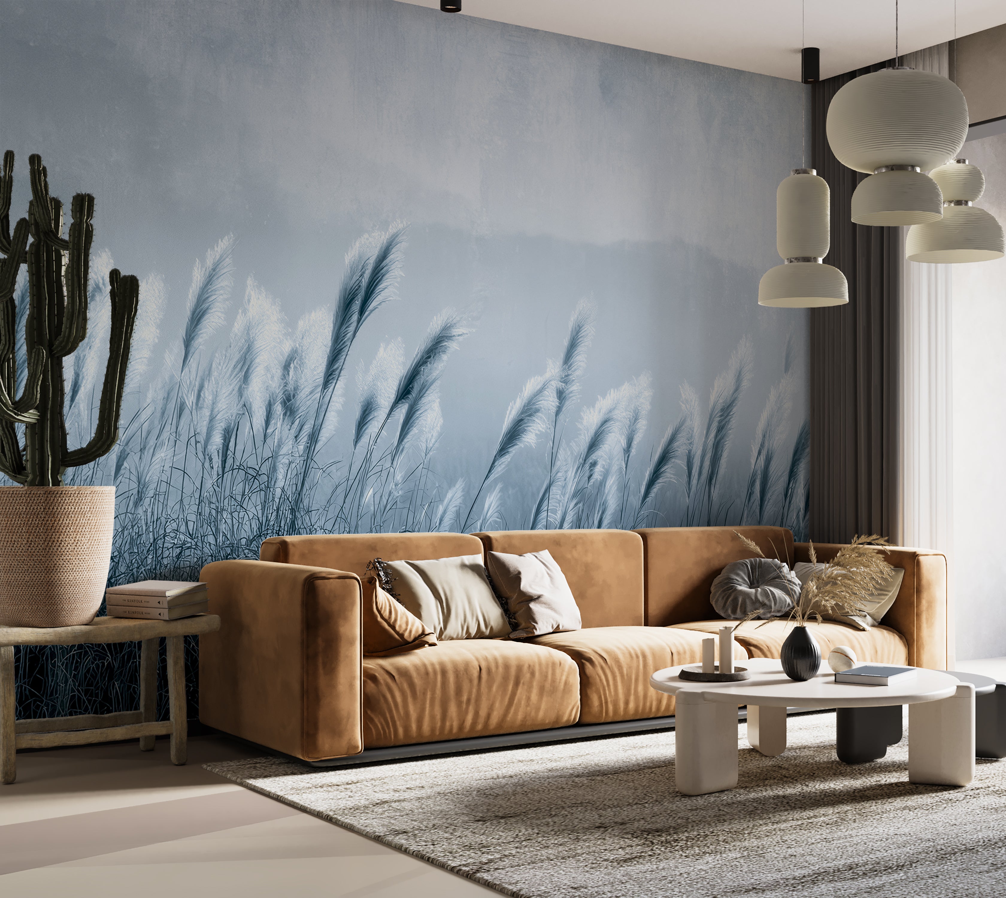 Premium Wallpaper Wall Mural - Minimalist Blue Gray Pampas