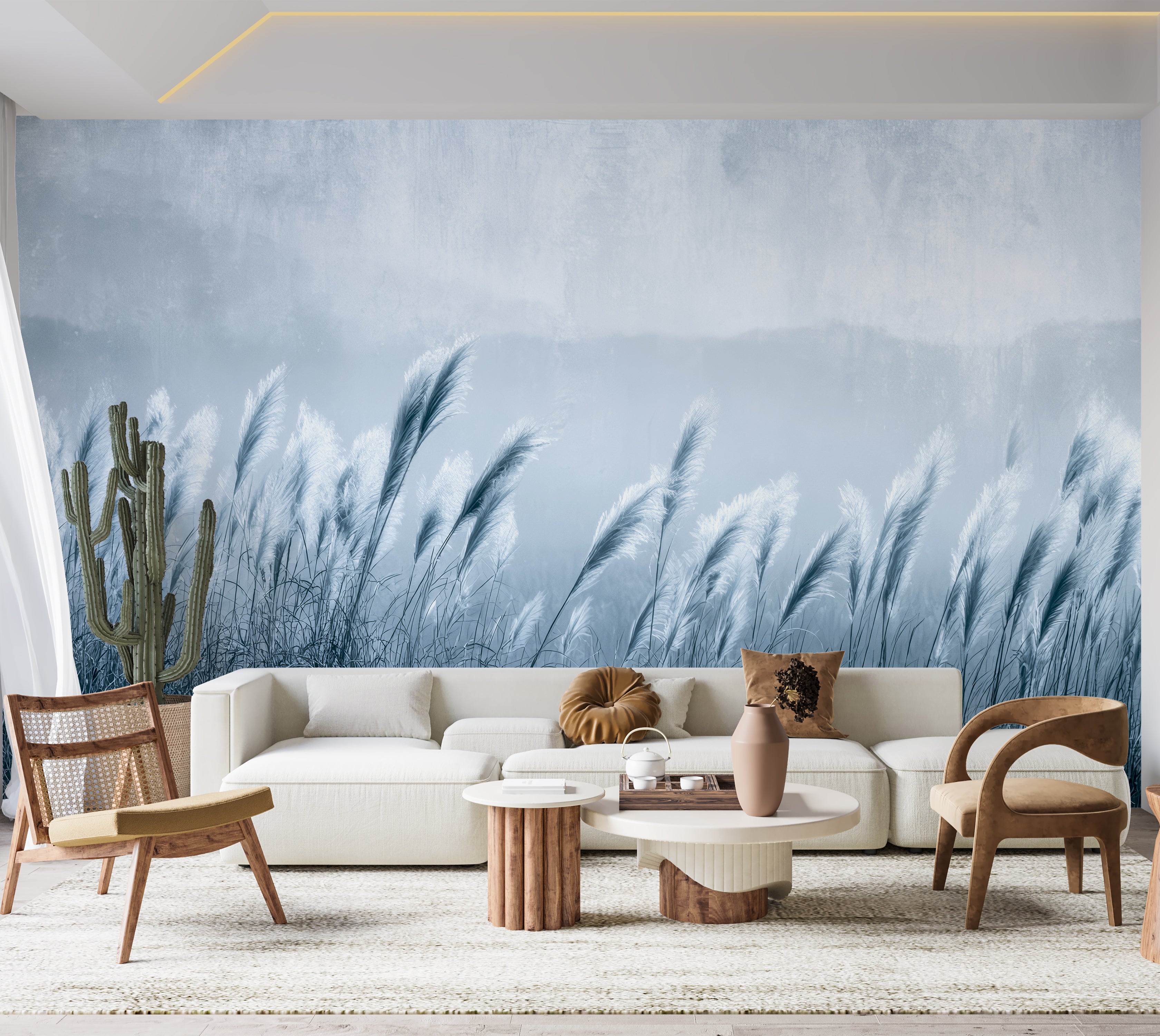 Premium Wallpaper Wall Mural - Minimalist Blue Gray Pampas