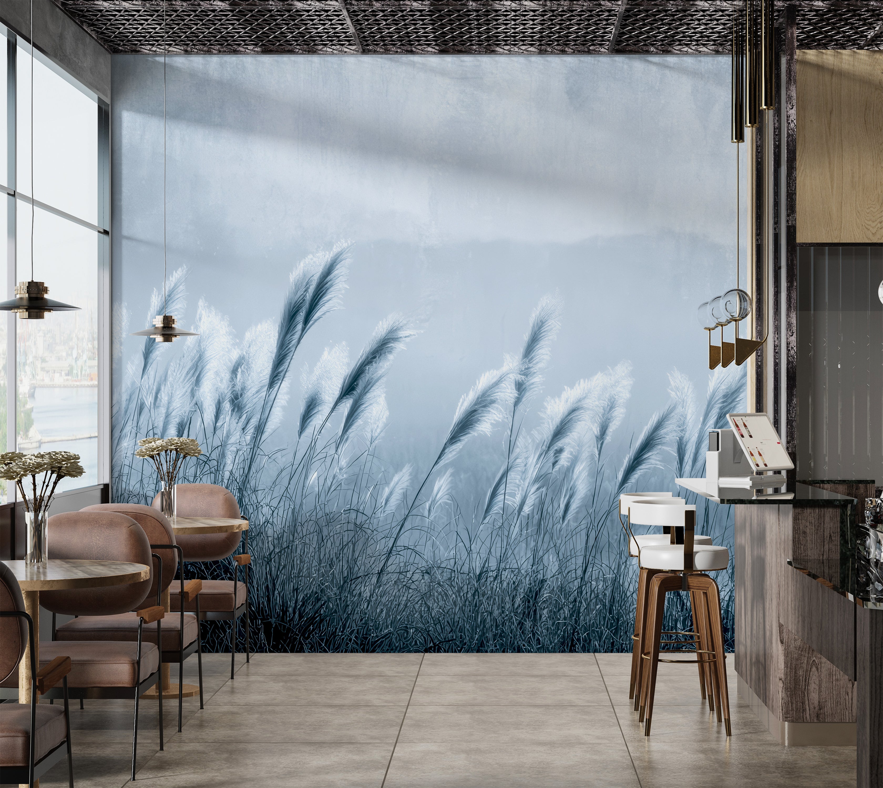 Premium Wallpaper Wall Mural - Minimalist Blue Gray Pampas
