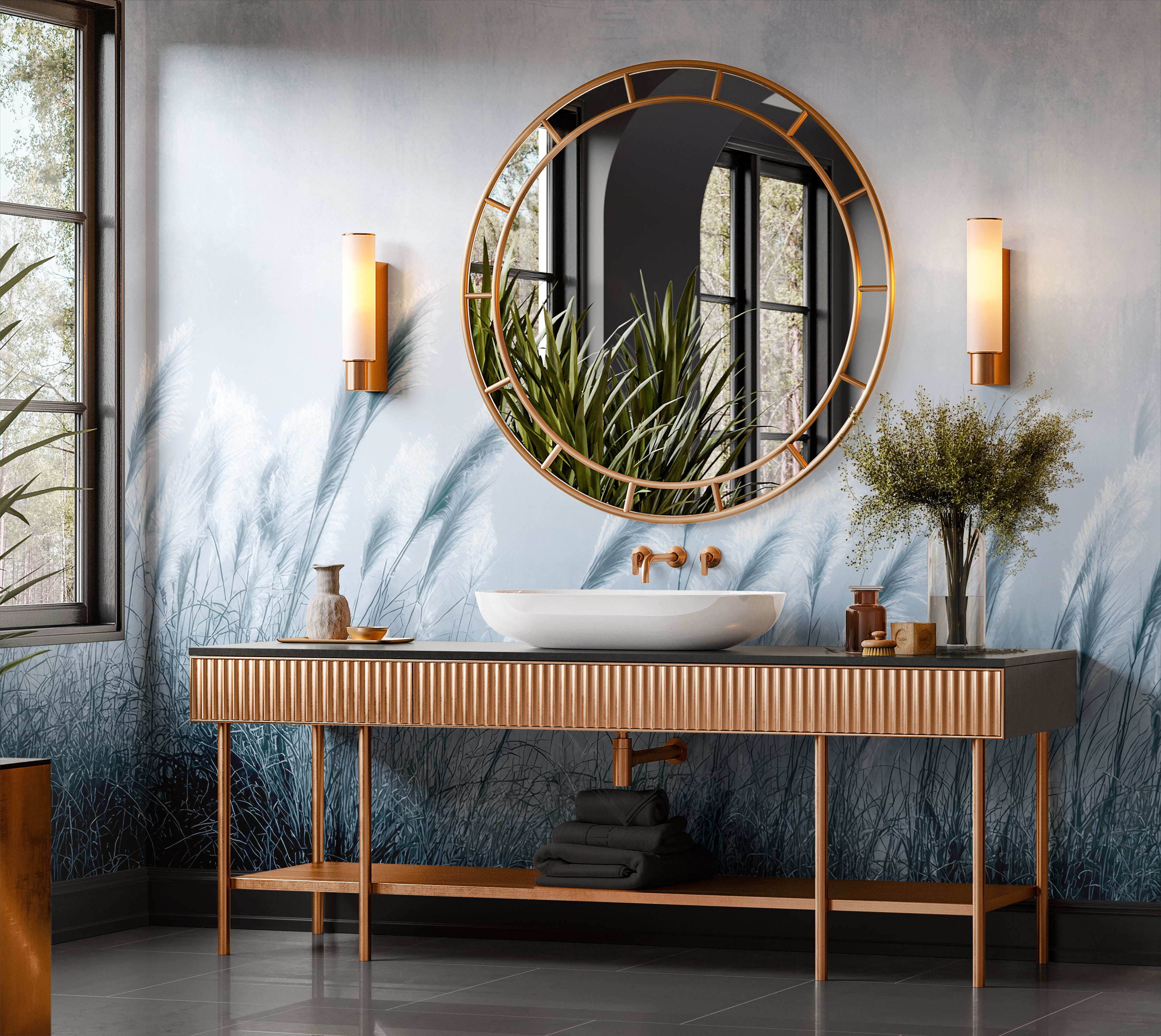 Premium Wallpaper Wall Mural - Minimalist Blue Gray Pampas
