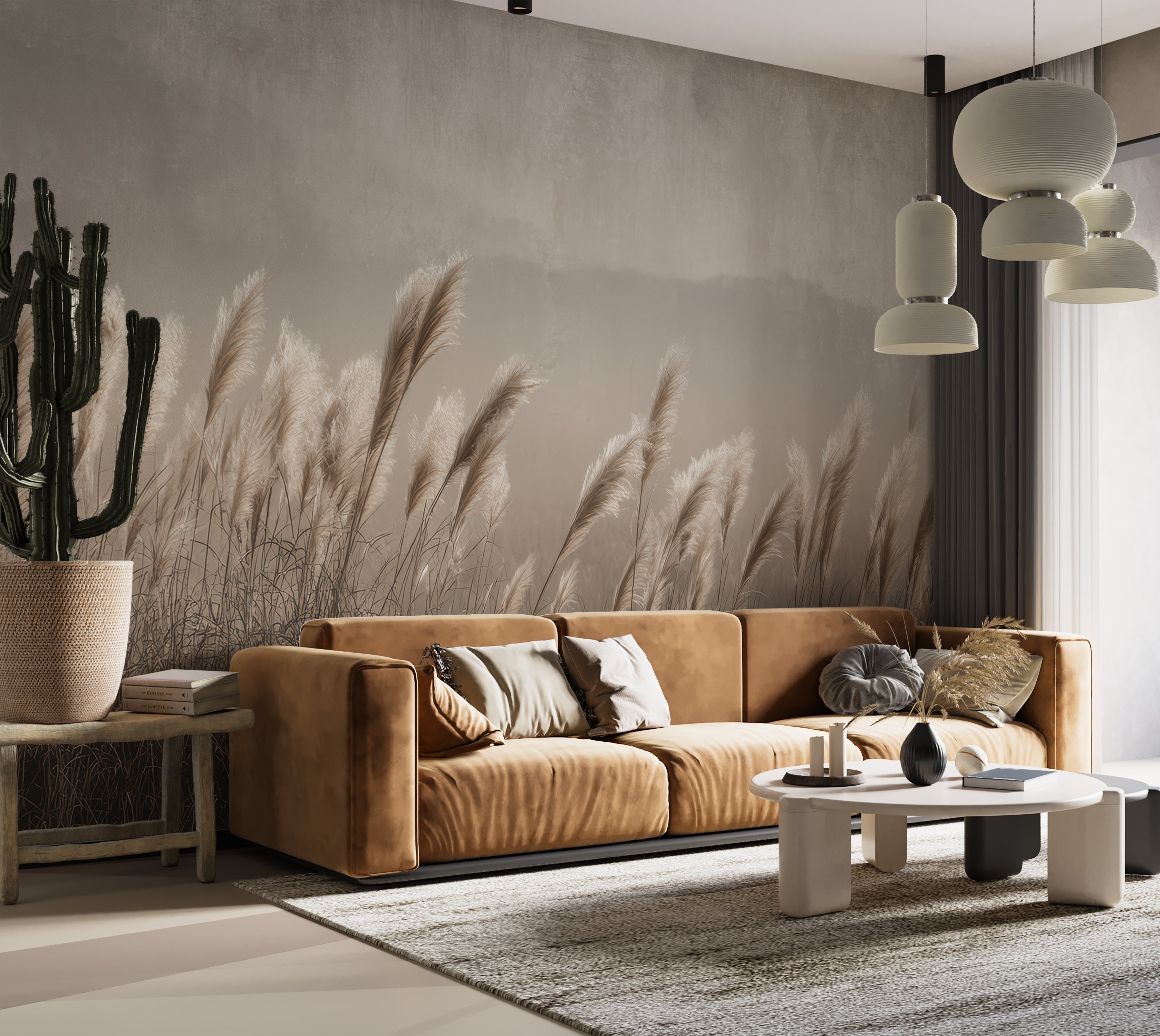 Premium Wallpaper Wall Mural - Minimalist Pampas Grass Sepia