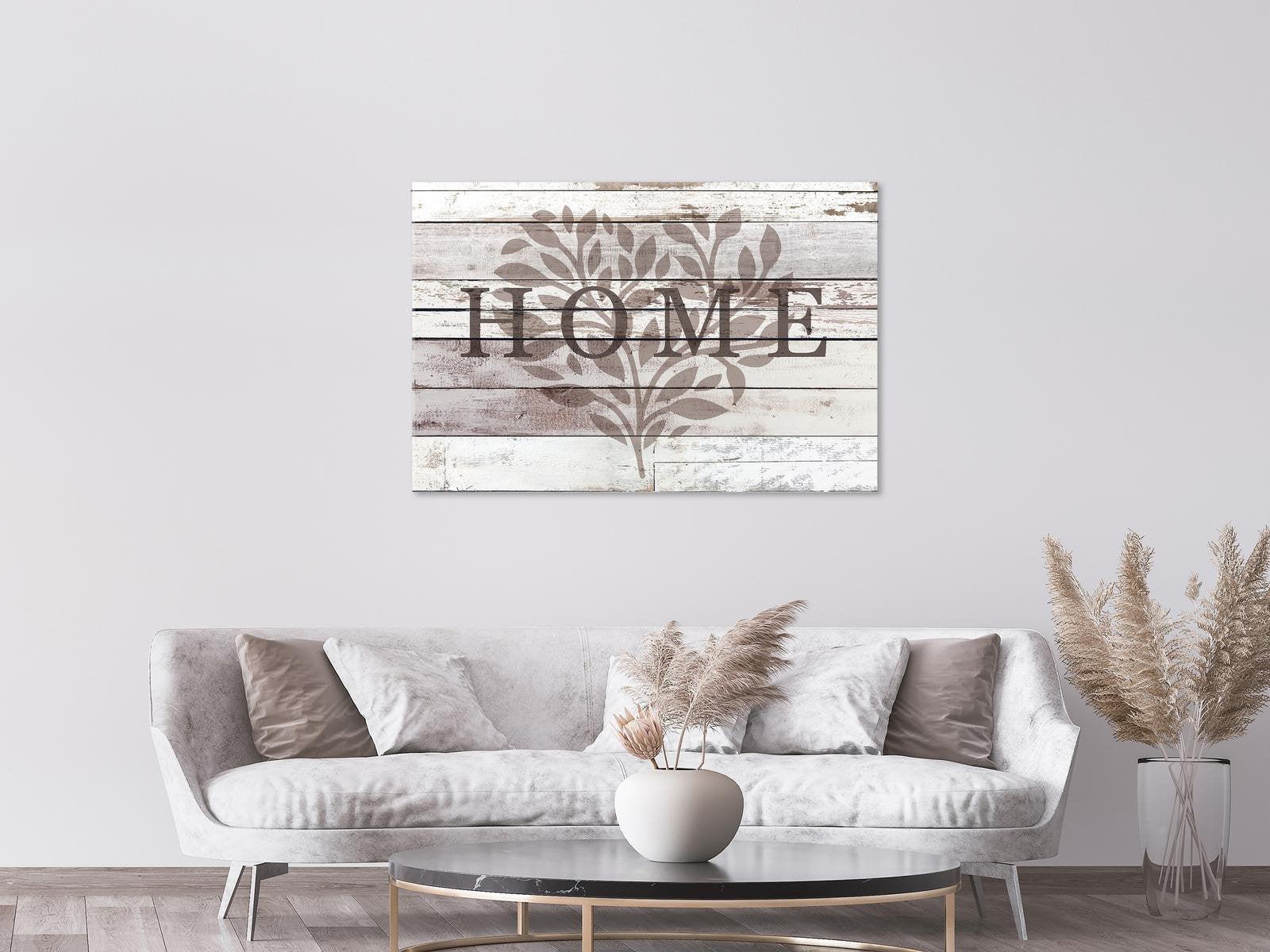 Stretched Canvas Vintage Wall Art - Home Leaves On Wood