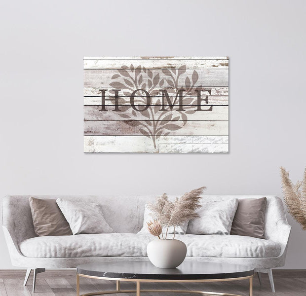 Stretched Canvas Vintage Wall Art - Home Leaves On Wood