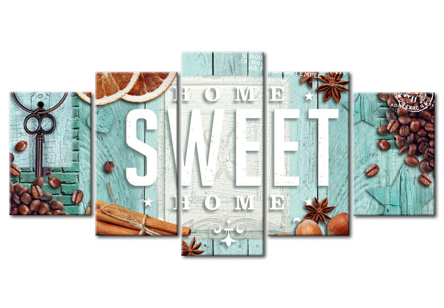 Vintage Canvas Wall Art - Home Sweet Home Blue - 5 Pieces