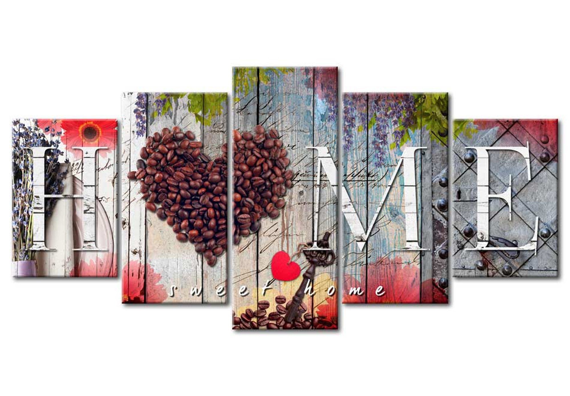 Vintage Canvas Wall Art - Coffee Heart - 5 Pieces