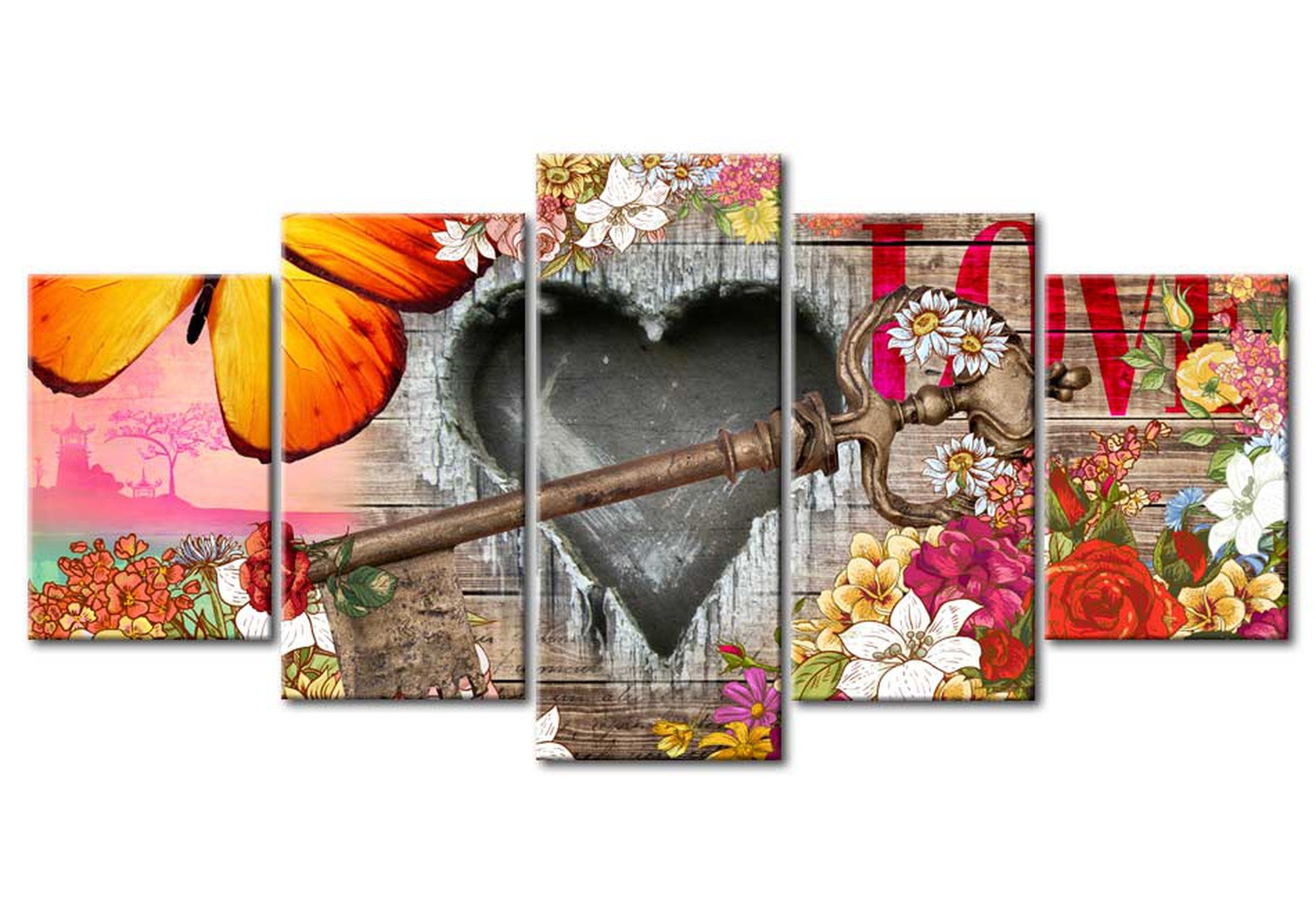 Vintage Canvas Wall Art - Orange Love Key - 5 Pieces