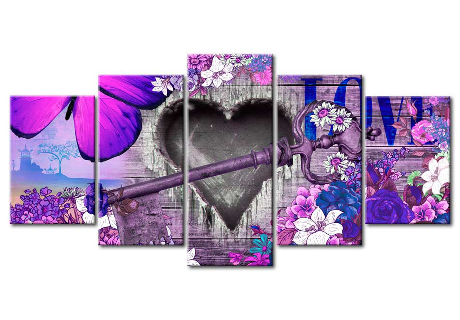 Vintage Canvas Wall Art - Purple Love Key - 5 Pieces
