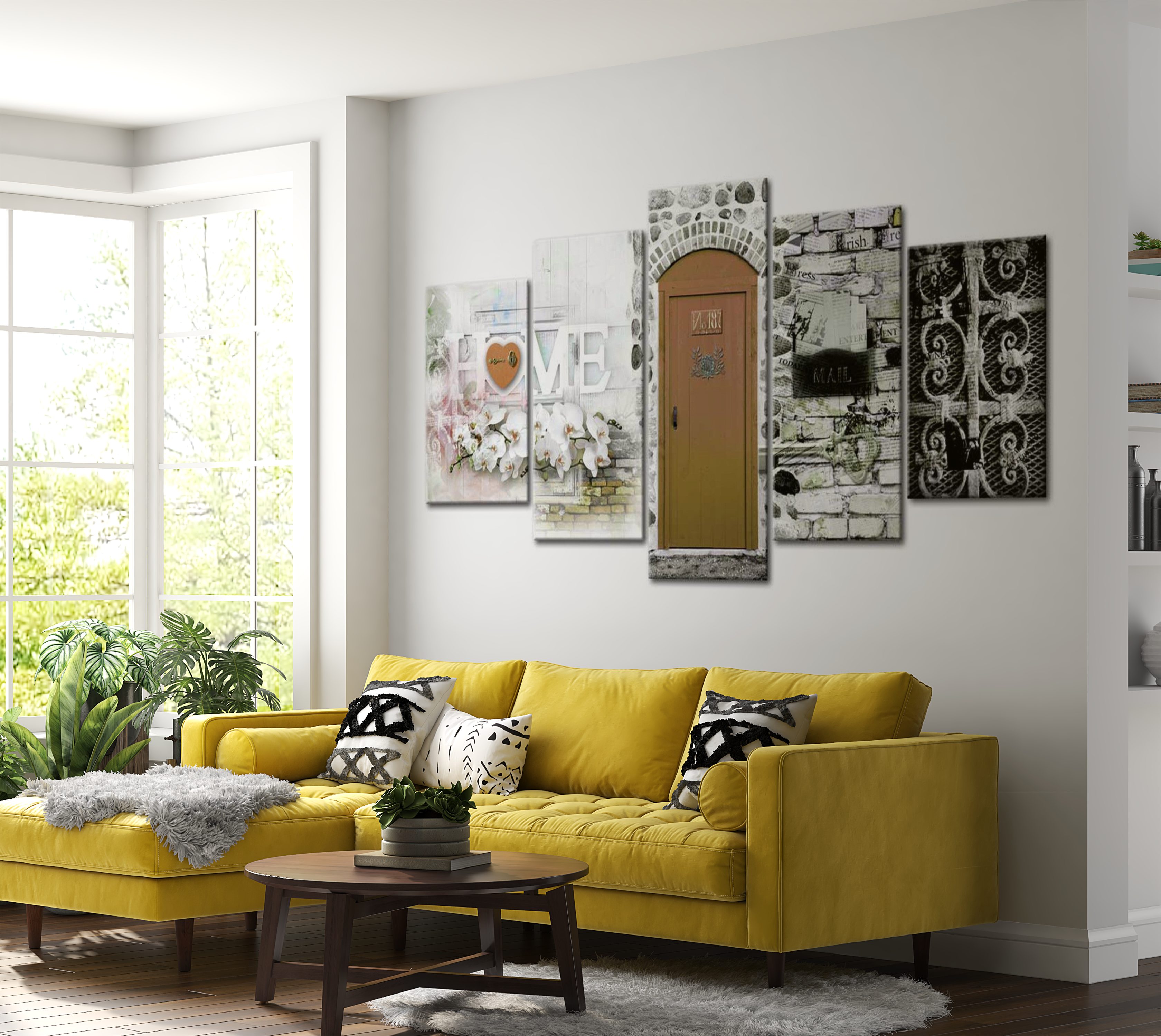 Vintage Canvas Wall Art - Brown Front Door - 5 Pieces