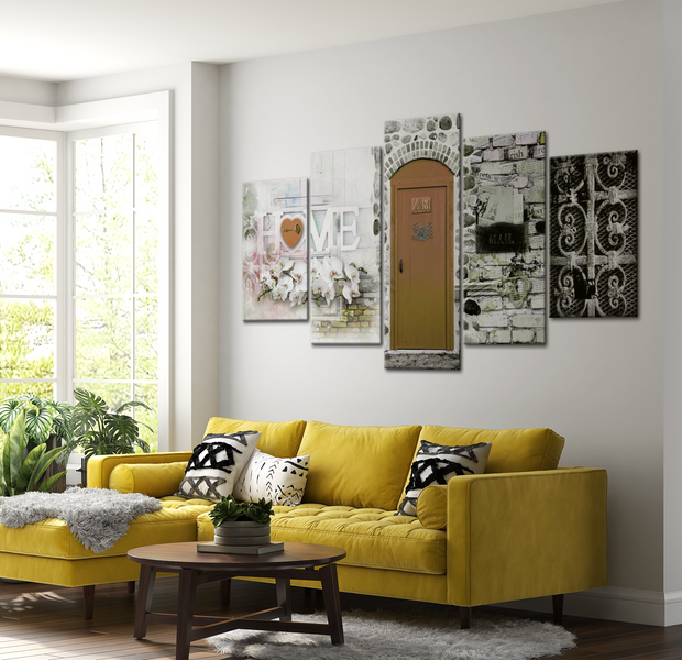 Vintage Canvas Wall Art - Brown Front Door - 5 Pieces