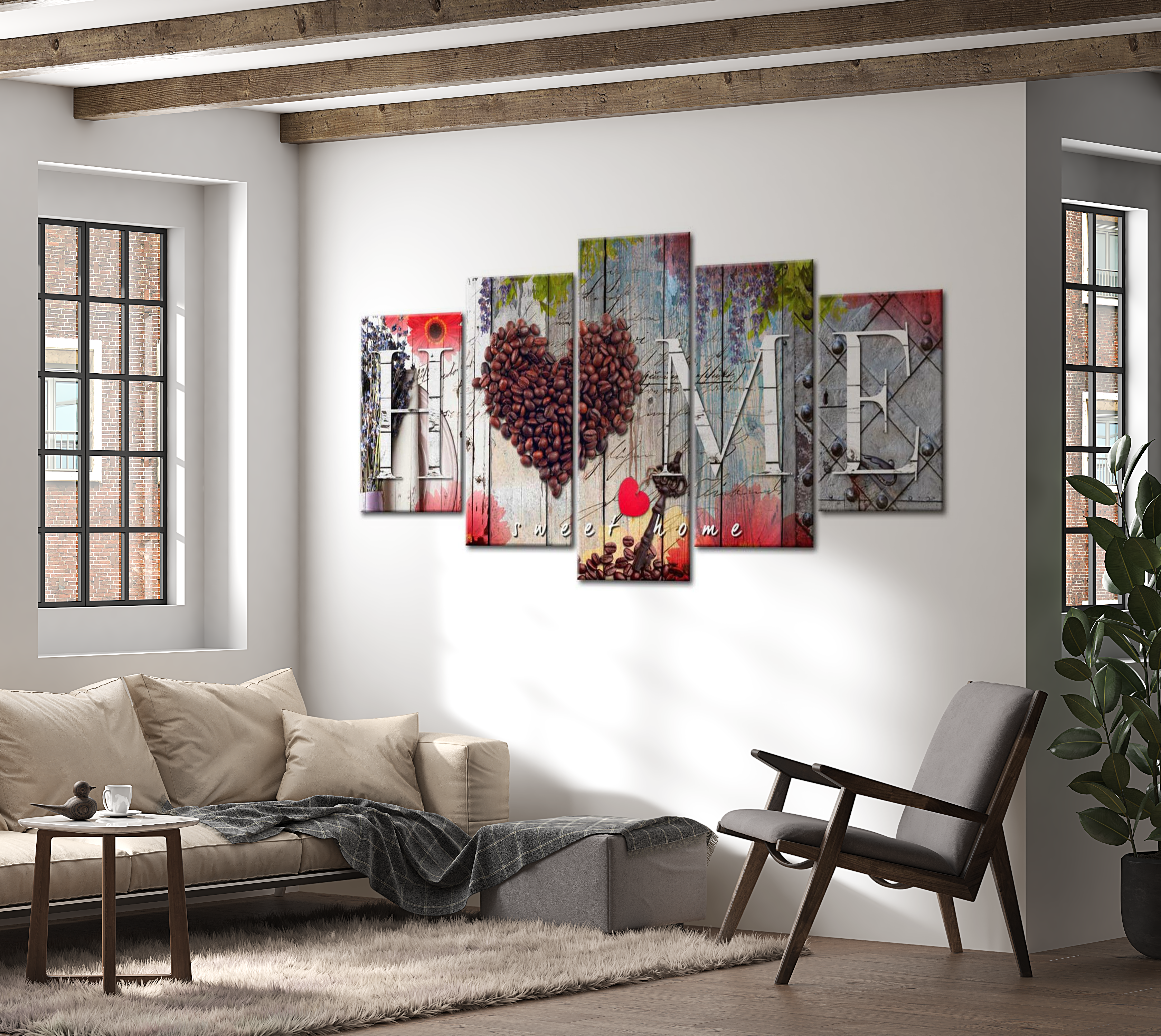 Vintage Canvas Wall Art - Coffee Heart - 5 Pieces