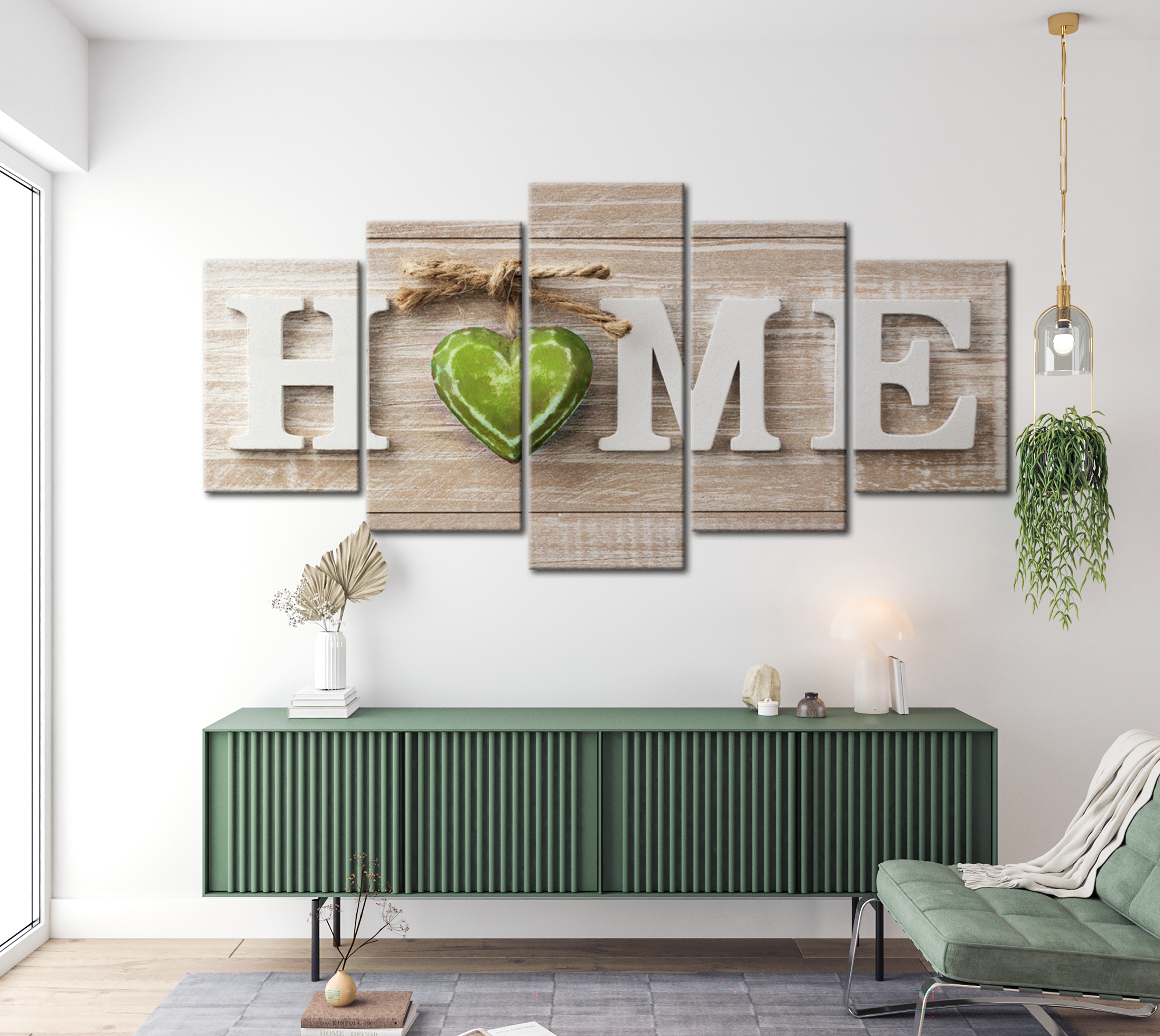 Vintage Canvas Wall Art - Home Green Heart - 5 Pieces