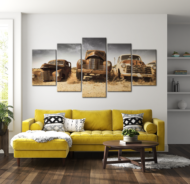 Vintage Canvas Wall Art - Old Rusty Cars - 5 Pieces