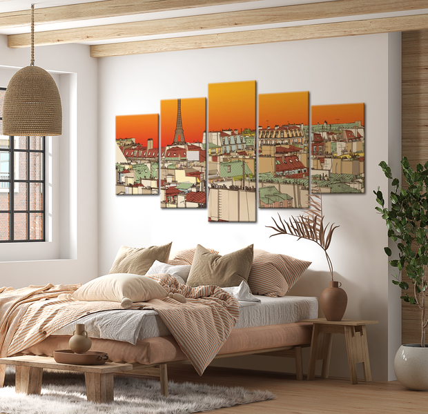 Vintage Canvas Wall Art - Parisian Sky Orange - 5 Pieces
