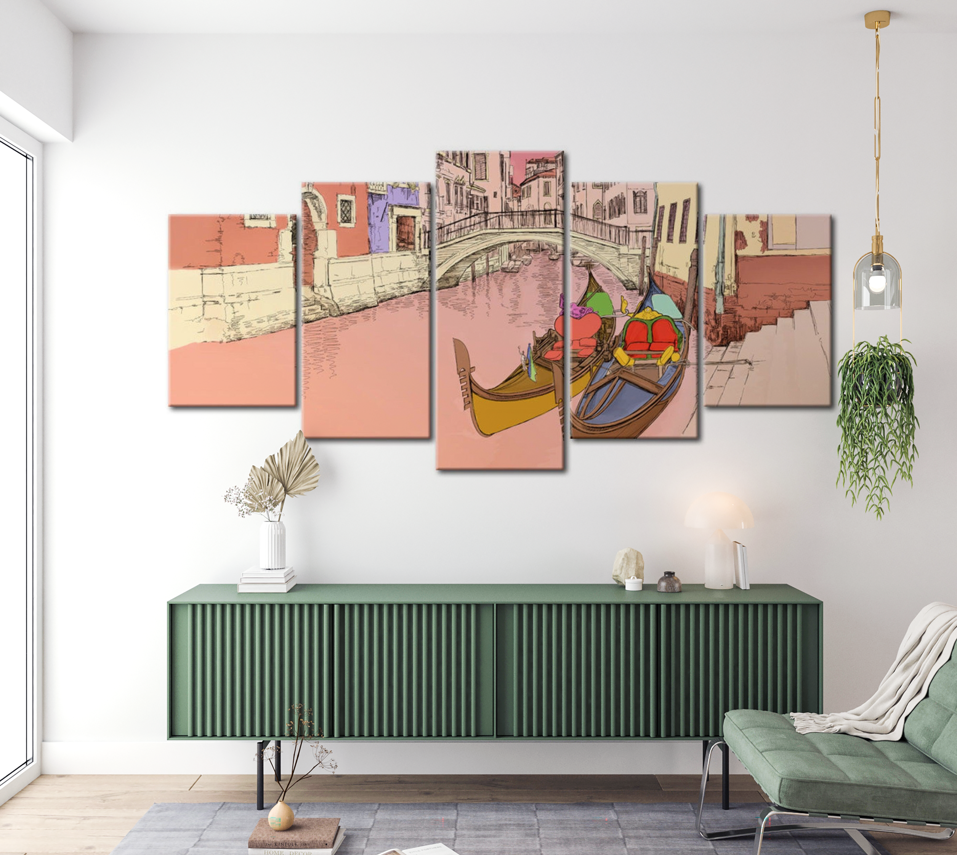 Stretched Canvas Vintage Art - Romantic Gondolas 5 Pieces 40"Wx20"H