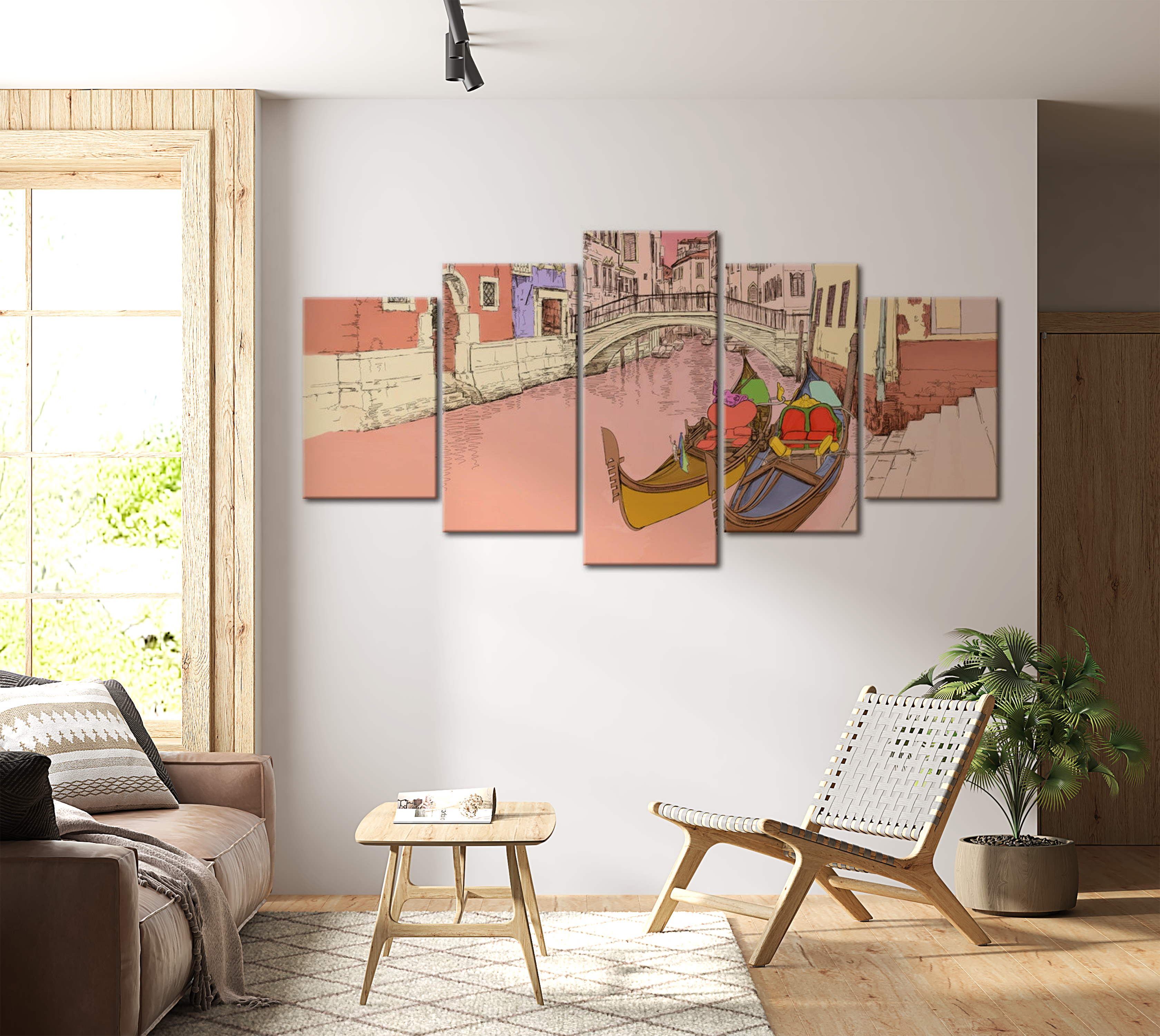 Stretched Canvas Vintage Art - Romantic Gondolas 5 Pieces 40"Wx20"H
