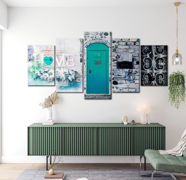 Vintage Canvas Wall Art - Turquoise Front Door - 5 Pieces