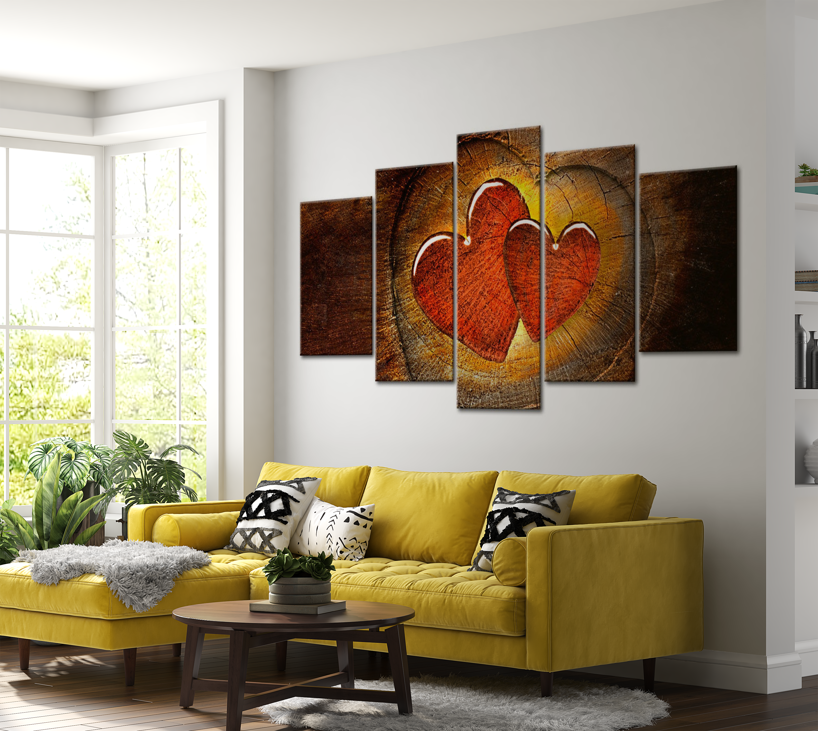 Vintage Canvas Wall Art - Wooden Hearts - 5 Pieces
