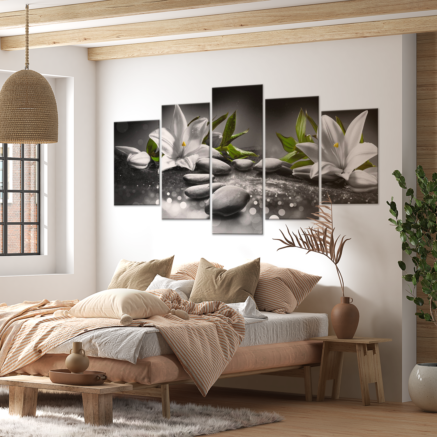 Stretched Canvas Zen Art - Lilies And Stones Grey 5 Piece 40"Wx20"H
