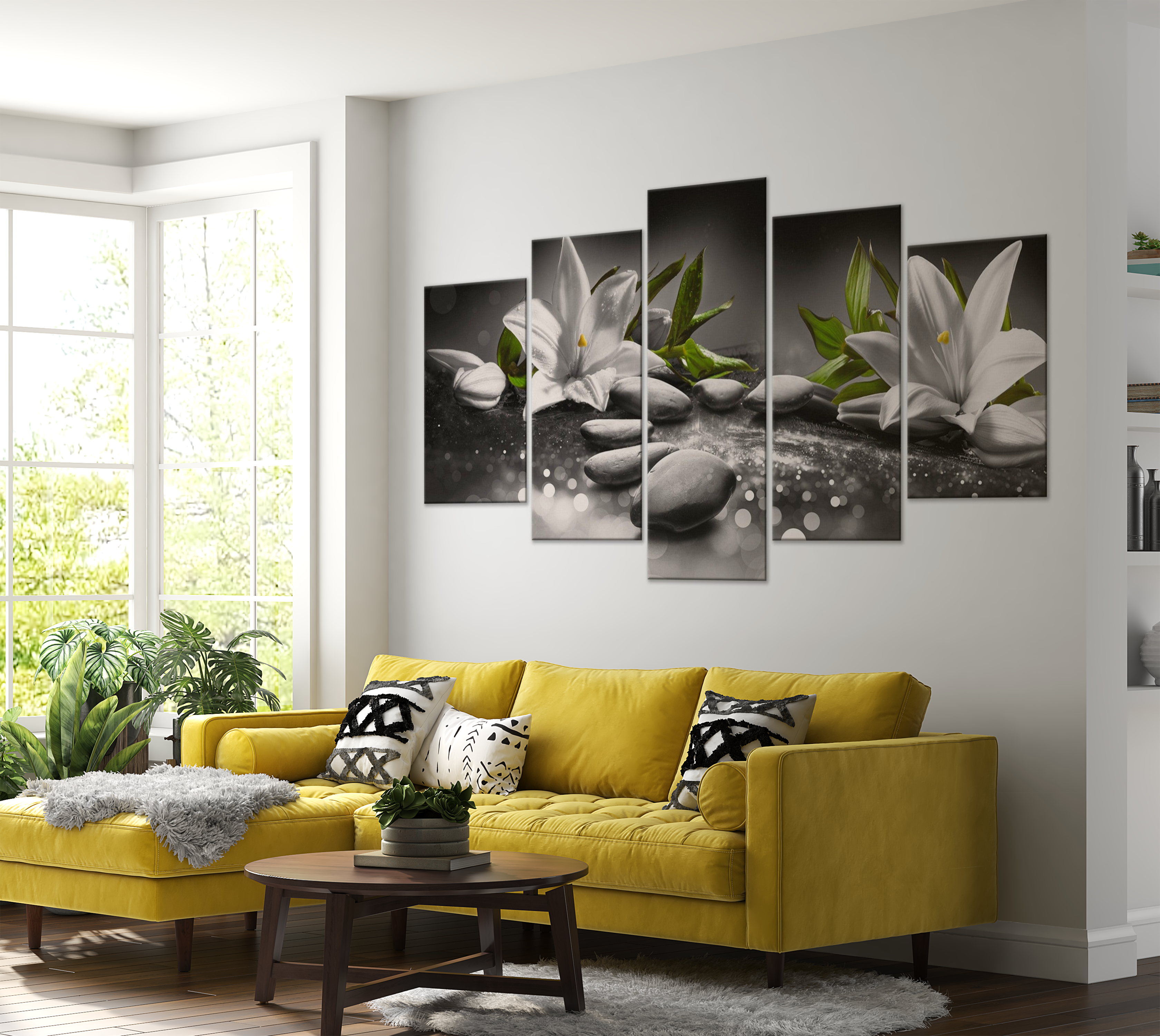 Stretched Canvas Zen Art - Lilies And Stones Grey 5 Piece 40"Wx20"H