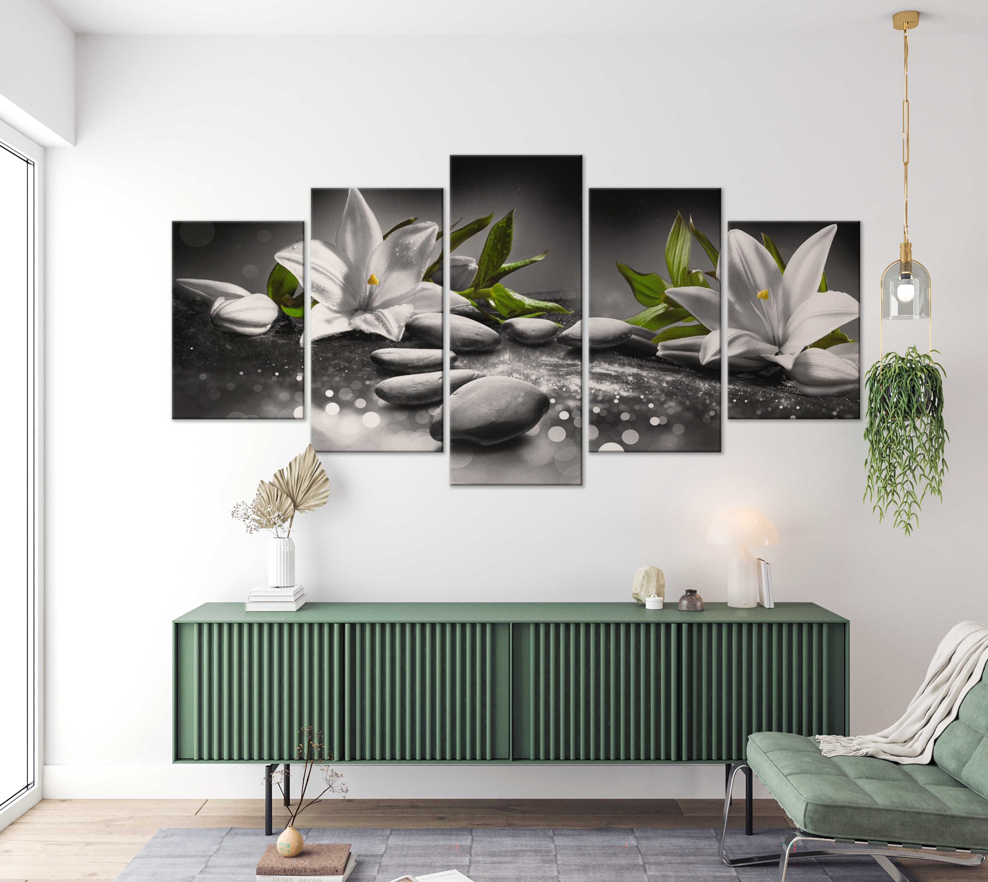 Stretched Canvas Zen Art - Lilies And Stones Grey 5 Piece 40"Wx20"H