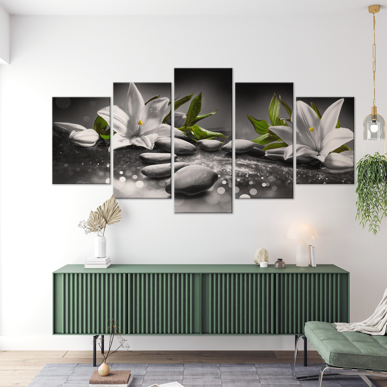 Stretched Canvas Zen Art - Lilies And Stones Grey 5 Piece 40"Wx20"H