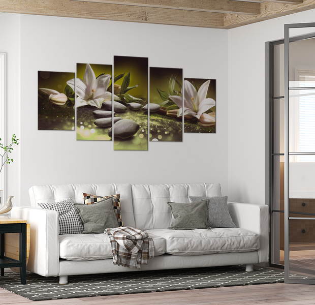 Wellness Canvas Wall Art - Lilies And Stones Green - 5 Pieces