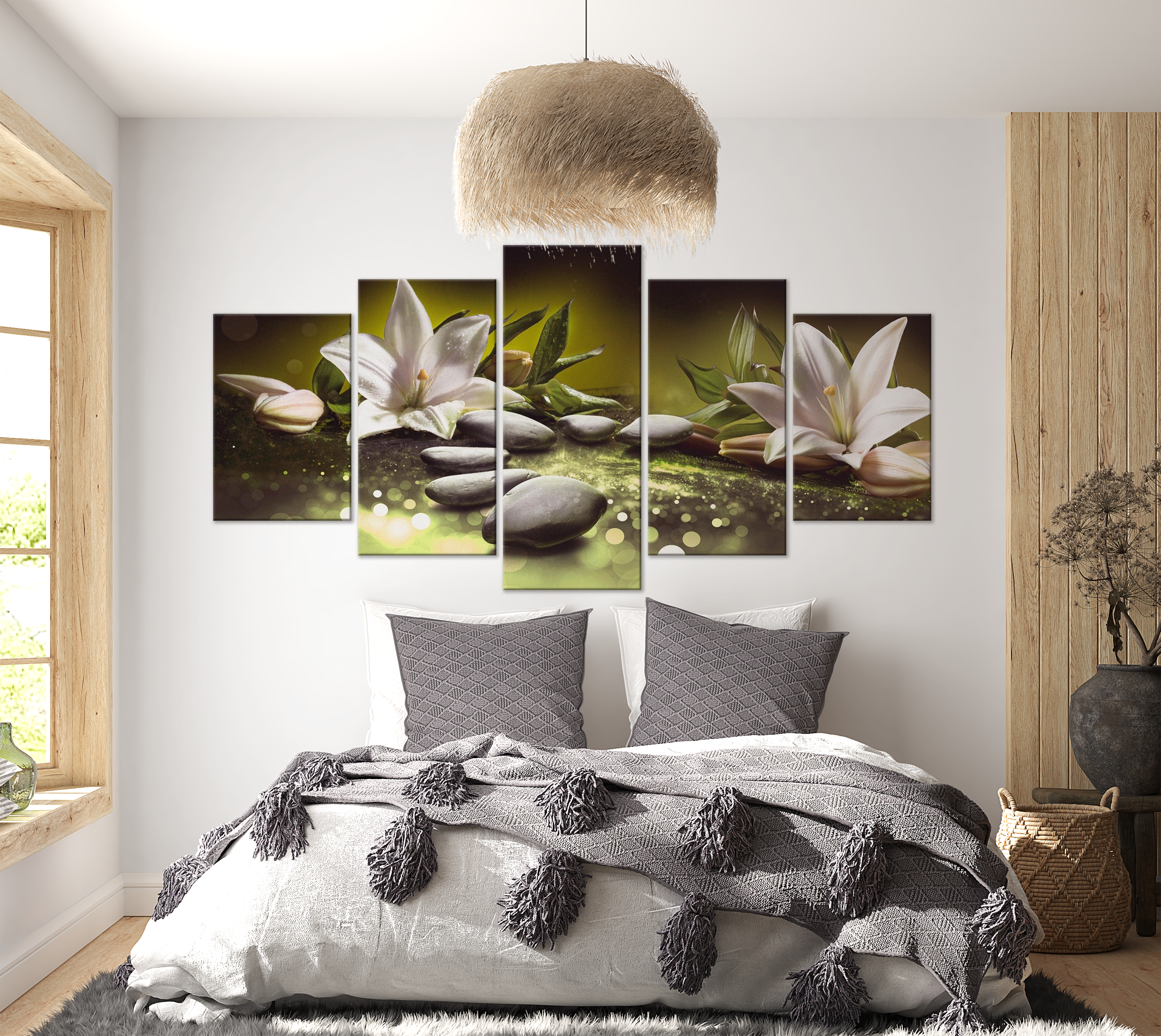 Stretched Canvas Zen Art - Lilies And Stones Green 5 Piece 40"Wx20"H