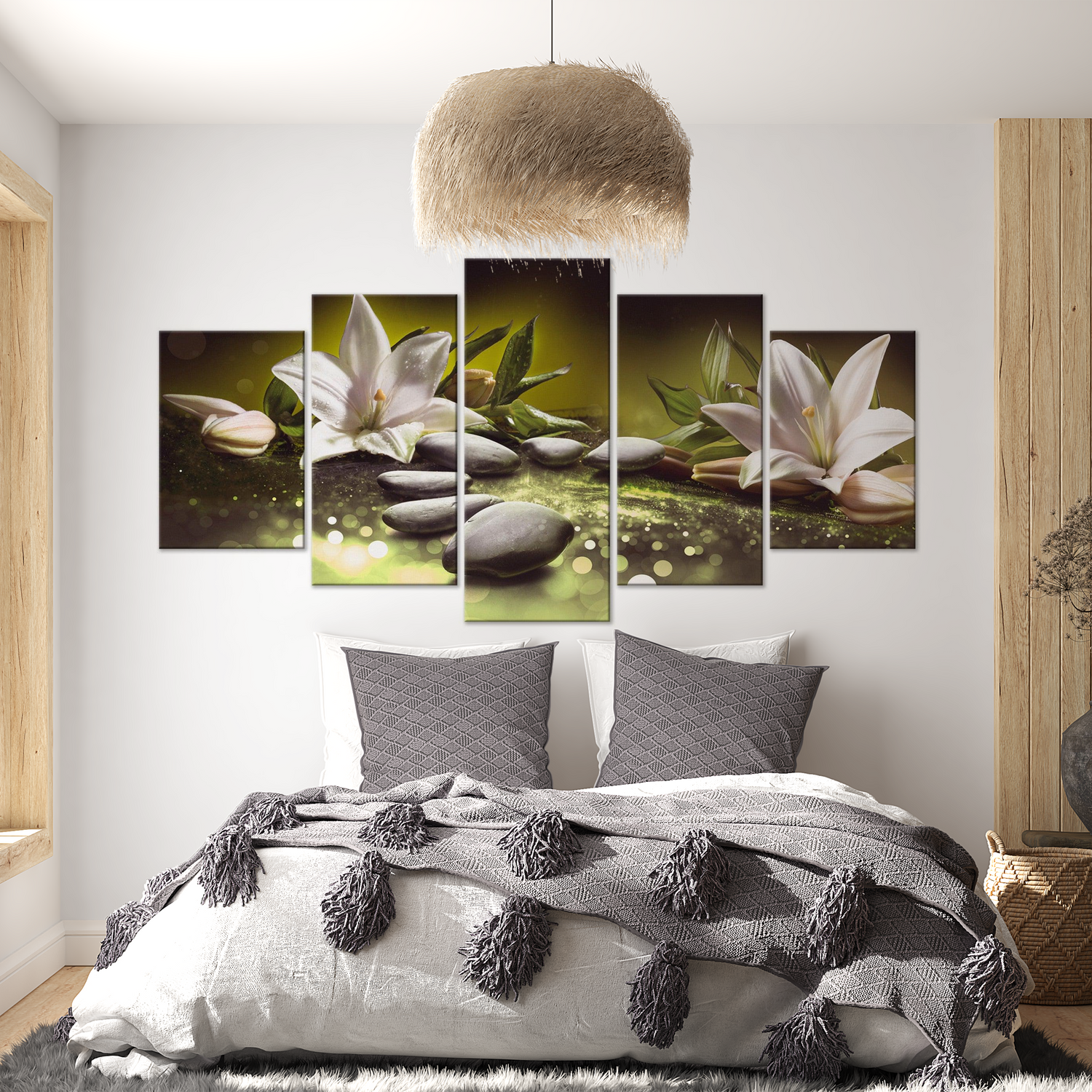 Stretched Canvas Zen Art - Lilies And Stones Green 5 Piece 40"Wx20"H