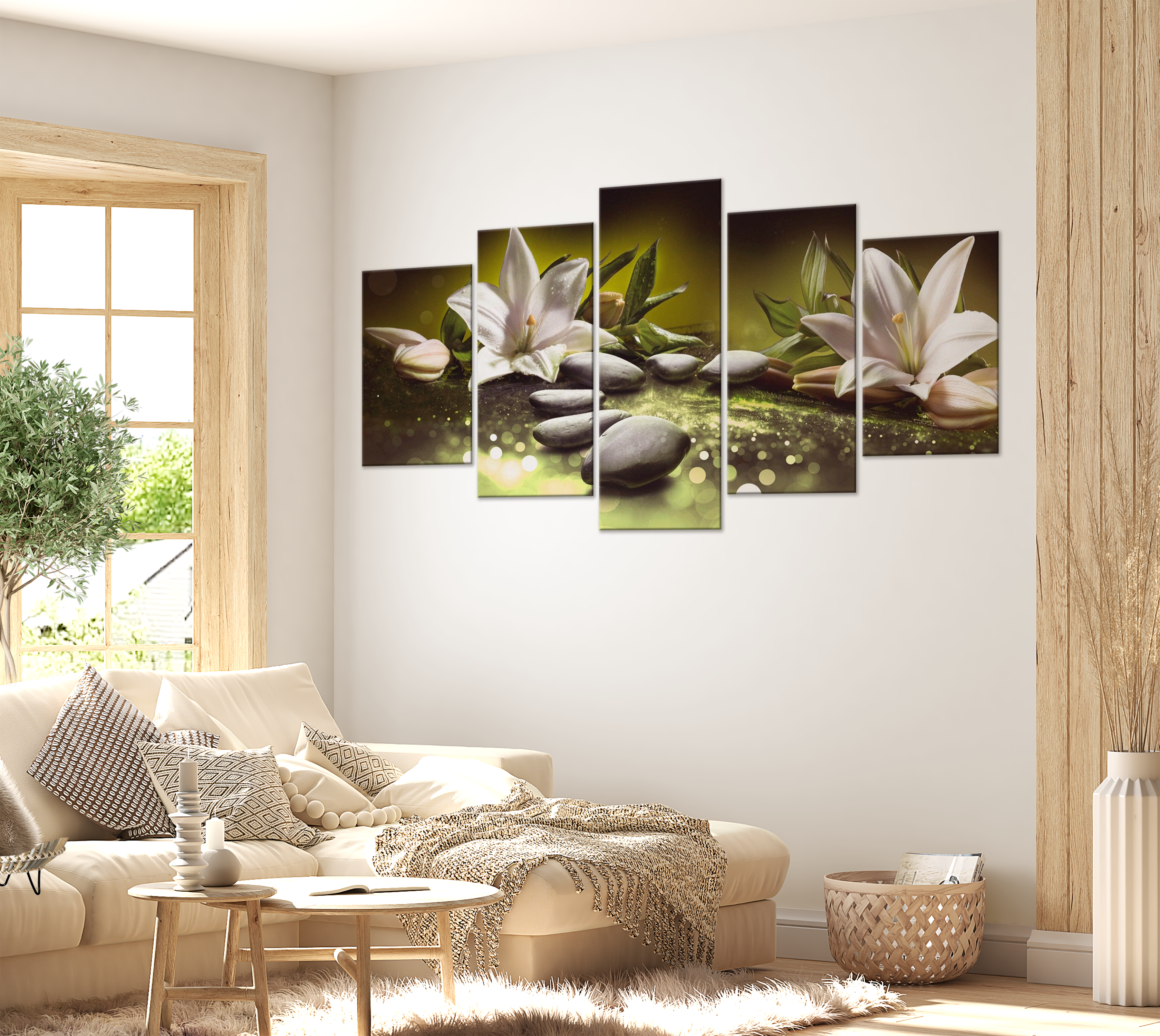 Stretched Canvas Zen Art - Lilies And Stones Green 5 Piece 40"Wx20"H