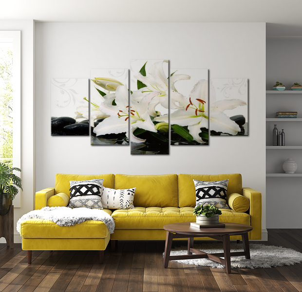 Wellness Canvas Wall Art - Lilies On Black Stones - 5 Pieces