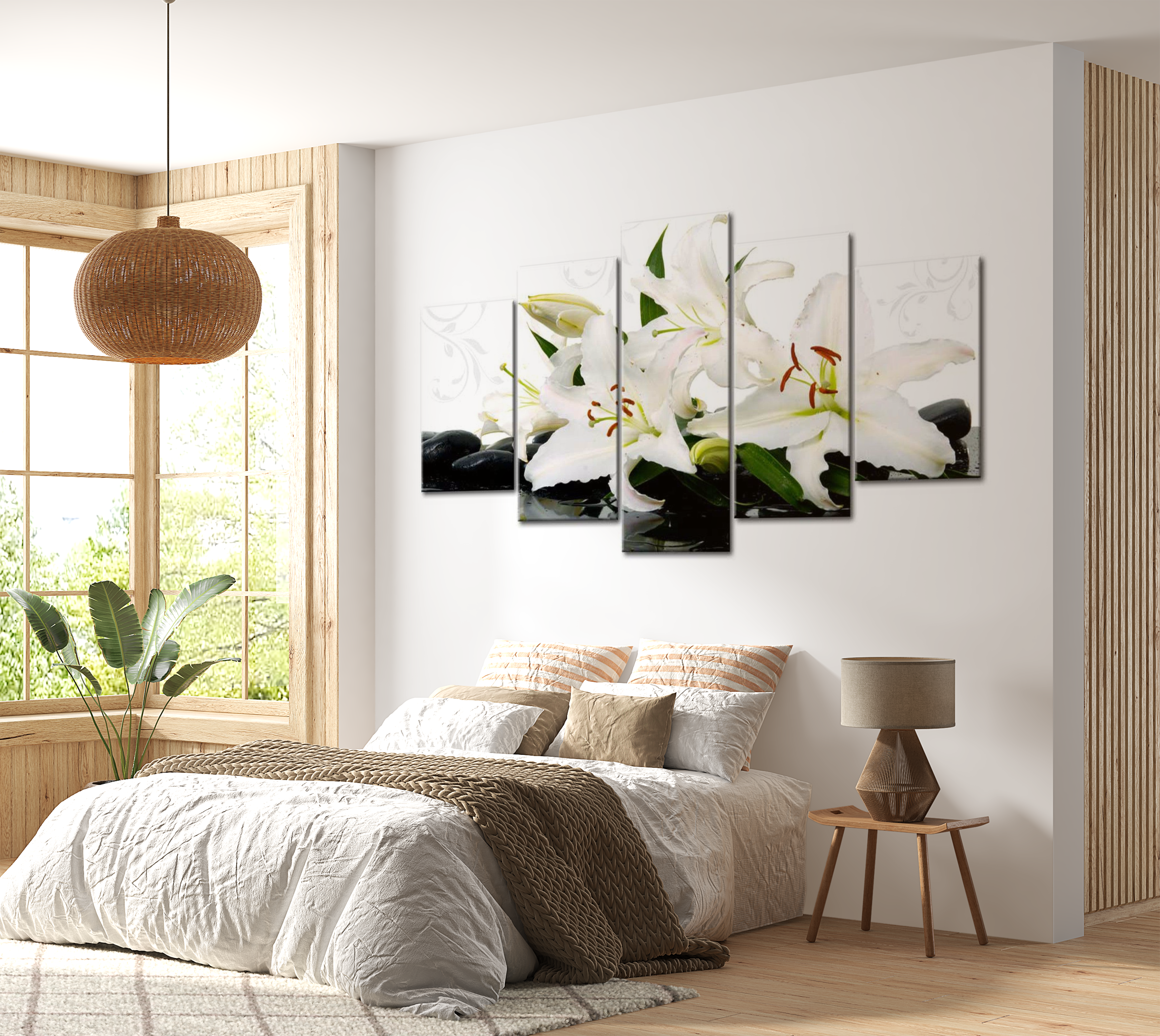 Stretched Canvas Zen Art - Lilies And Zen Stones 5 Piece 40"Wx20"H