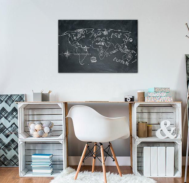 World Map Cork Pin Board - Chalkboard Style