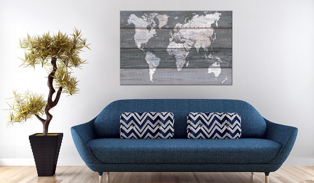 World Map Cork Pin Board - Grey Earth