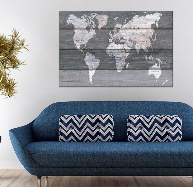 World Map Cork Pin Board - Grey Earth
