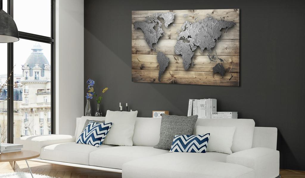 World Map Cork Pin Board - Silver World On Wood