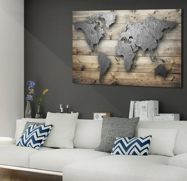 World Map Cork Pin Board - Silver World On Wood