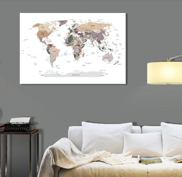 World Map Cork Pin Board - World Map In Neutral Colors